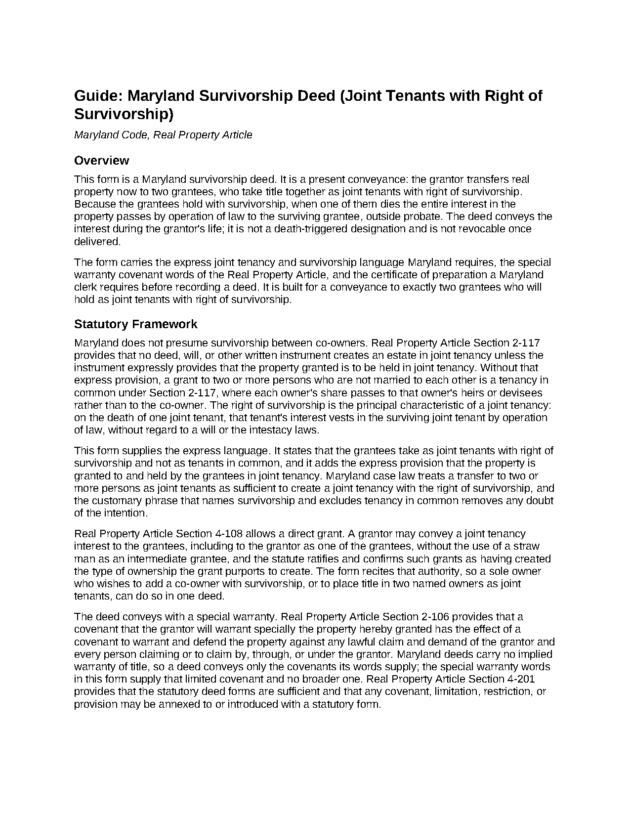 Carroll County Survivorship Deed (Joint Tenants with Right of Survivorship) Guide