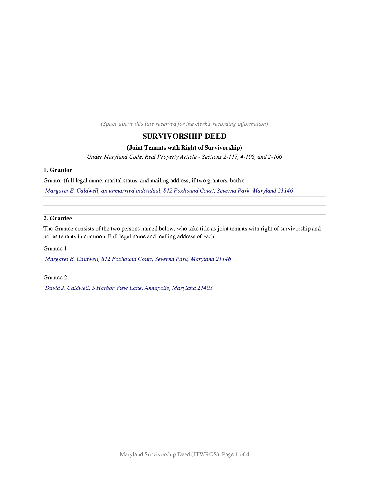 Carroll County Completed Example of the Survivorship Deed (Joint Tenants with Right of Survivorship) Document