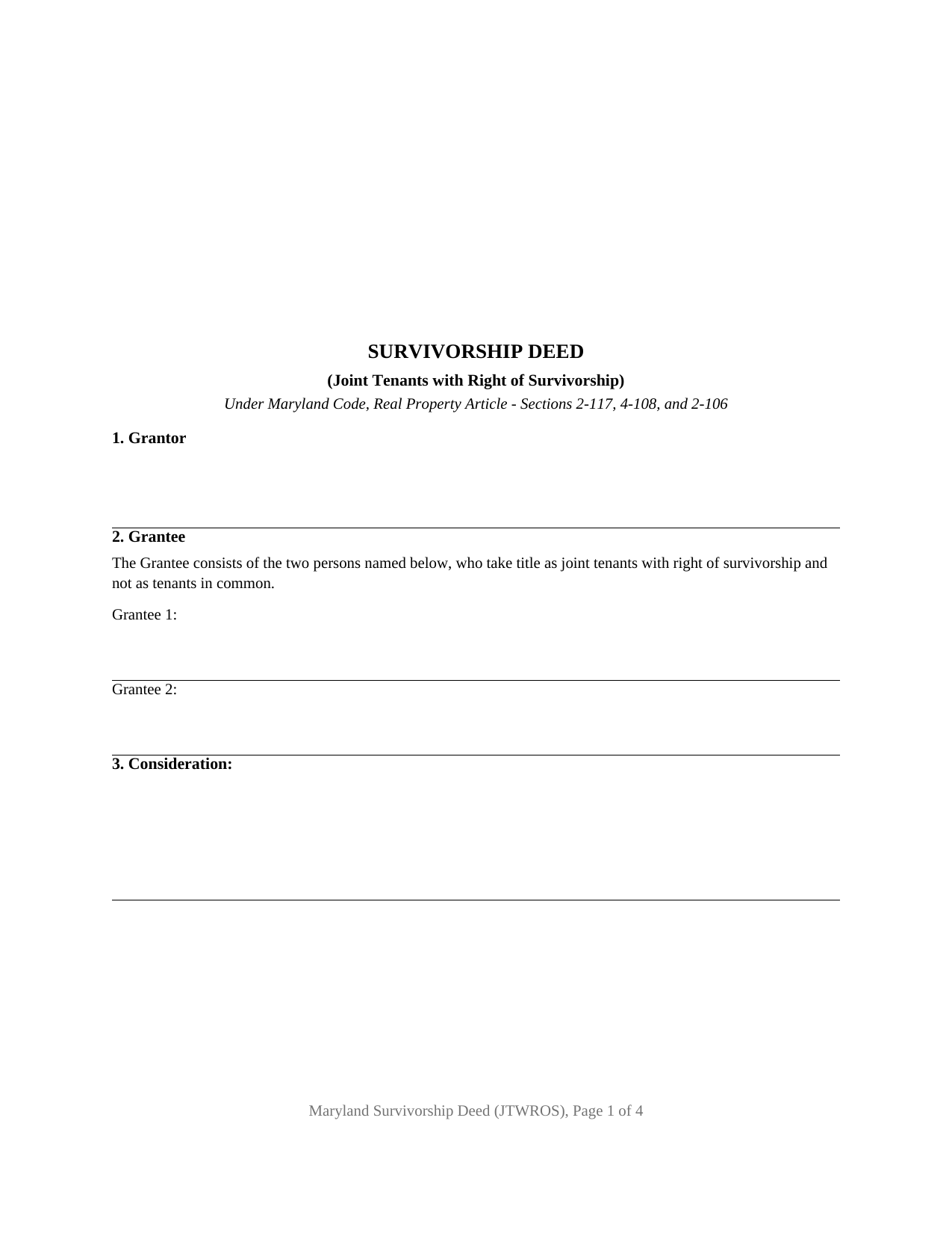 Prince Georges County Survivorship Deed (Joint Tenants with Right of Survivorship) Form