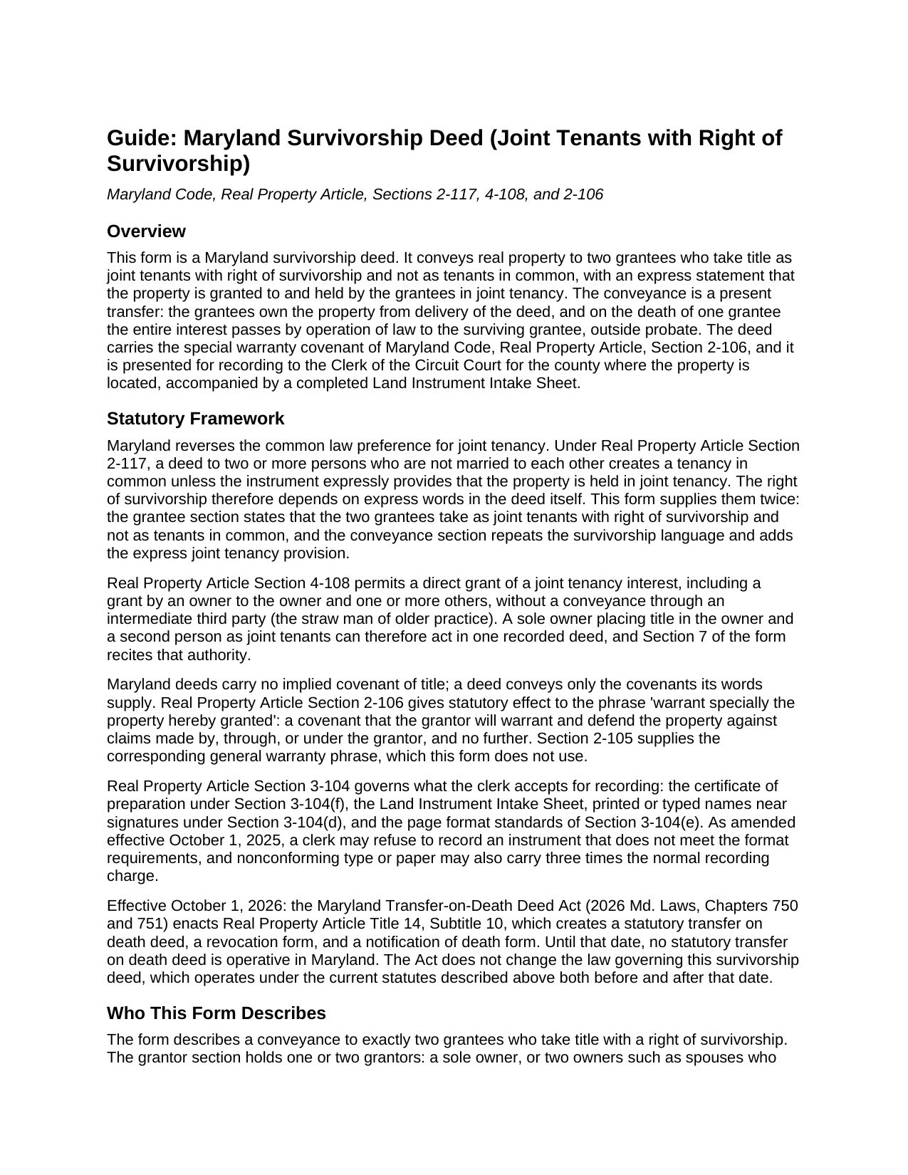 Prince Georges County Survivorship Deed (Joint Tenants with Right of Survivorship) Guide