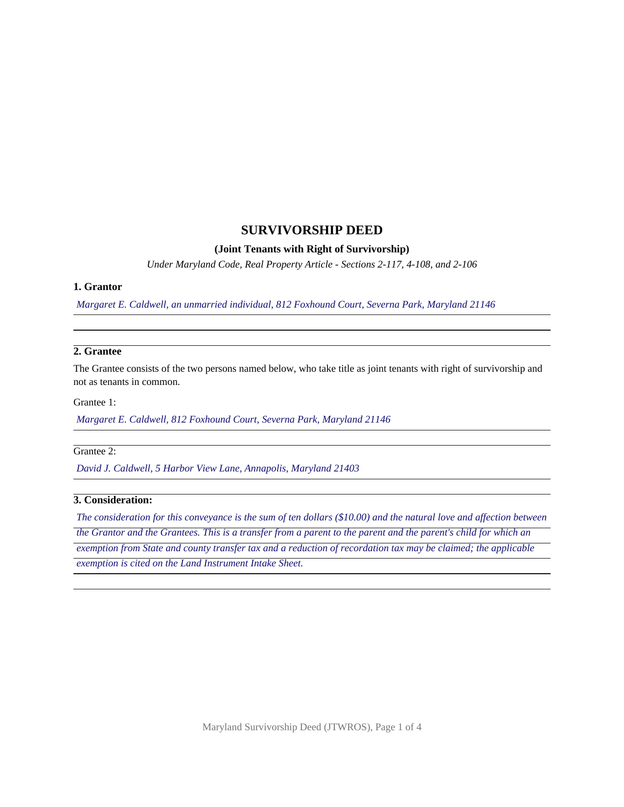 Prince Georges County Completed Example of the Survivorship Deed (Joint Tenants with Right of Survivorship) Document
