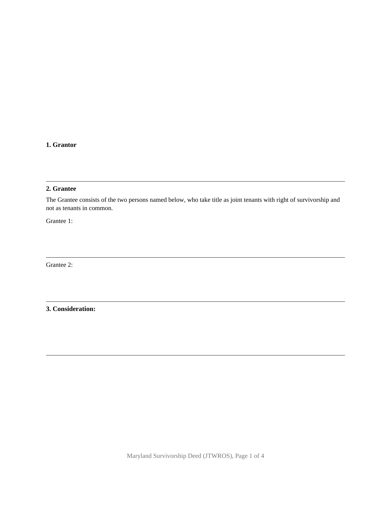 Prince Georges County Survivorship Deed (Joint Tenants with Right of Survivorship) Form