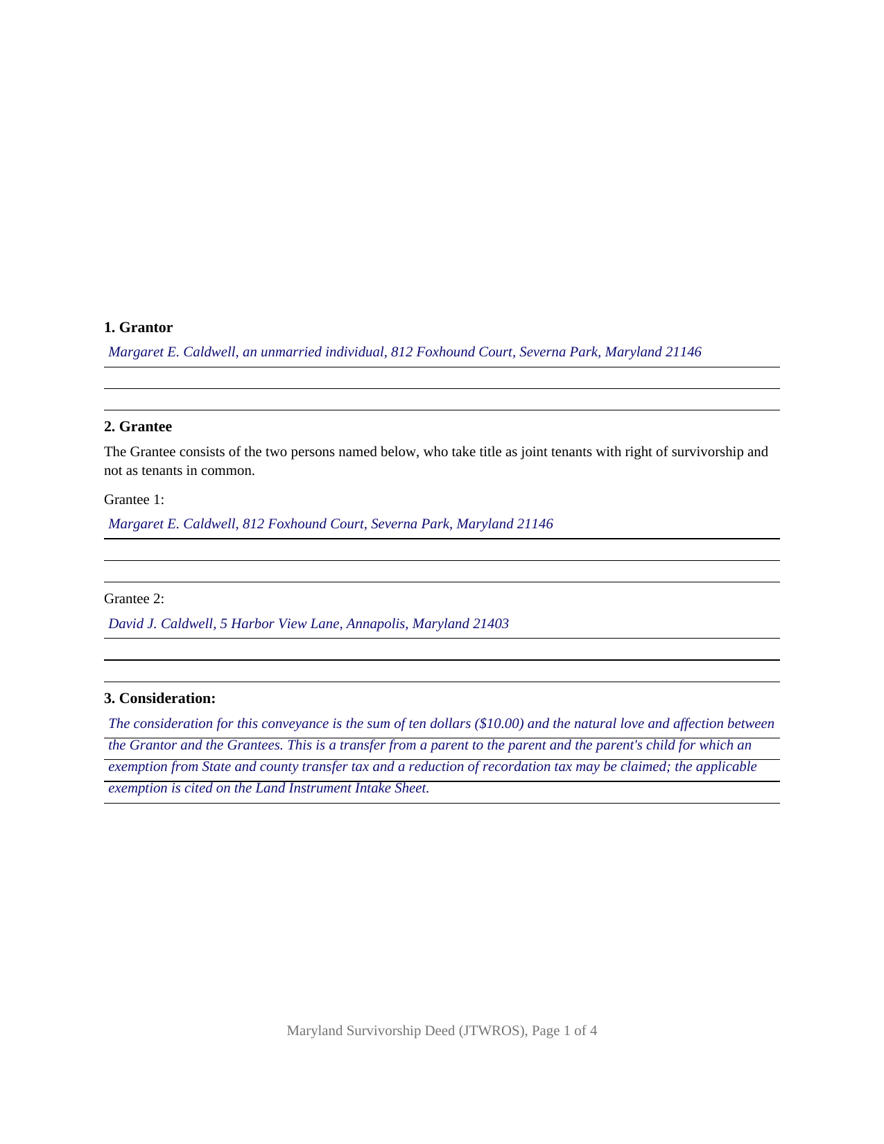 Prince Georges County Completed Example of the Survivorship Deed (Joint Tenants with Right of Survivorship) Document