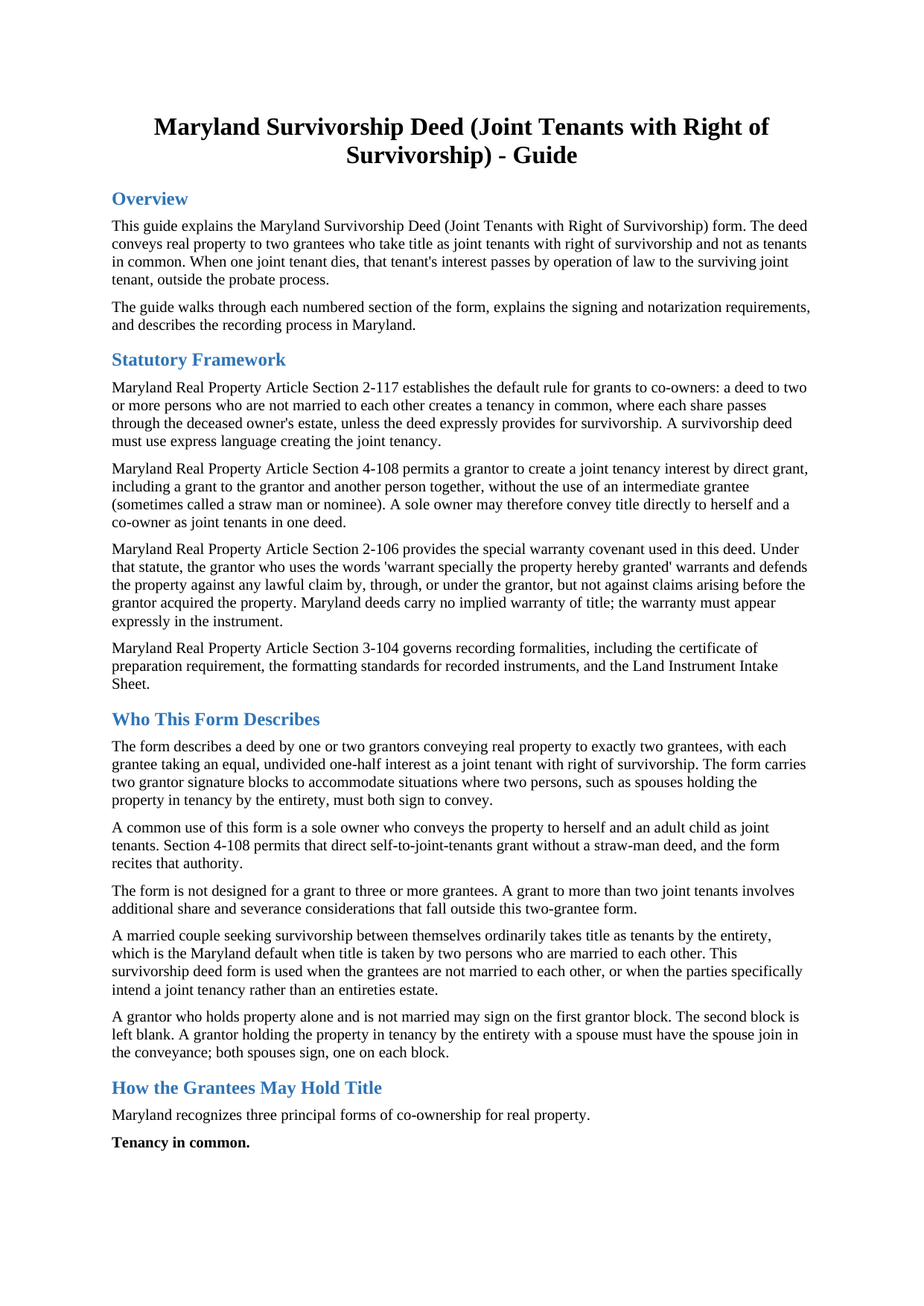 Prince Georges County Survivorship Deed (Joint Tenants with Right of Survivorship) Guide