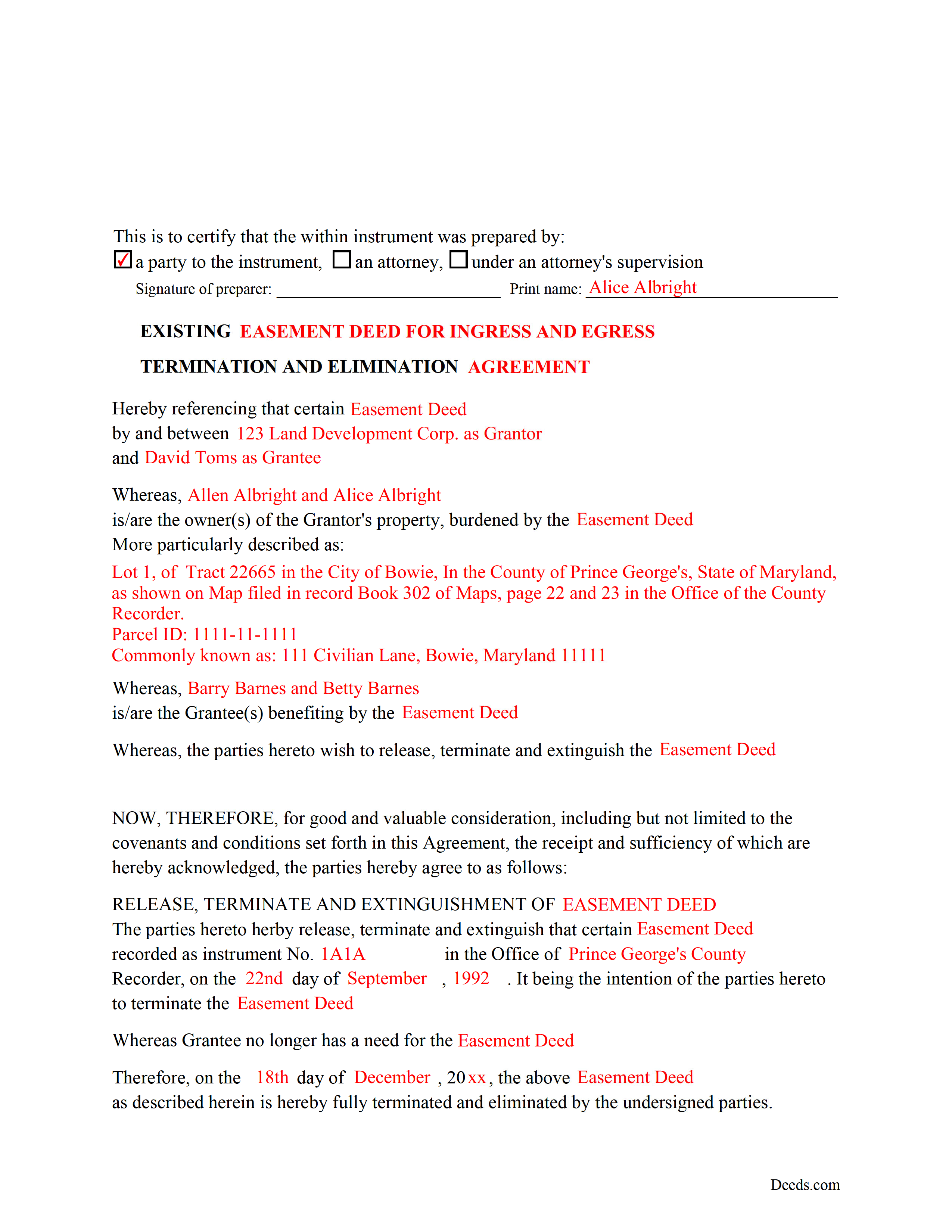 Carroll County Completed Example of the Release of Easement Document