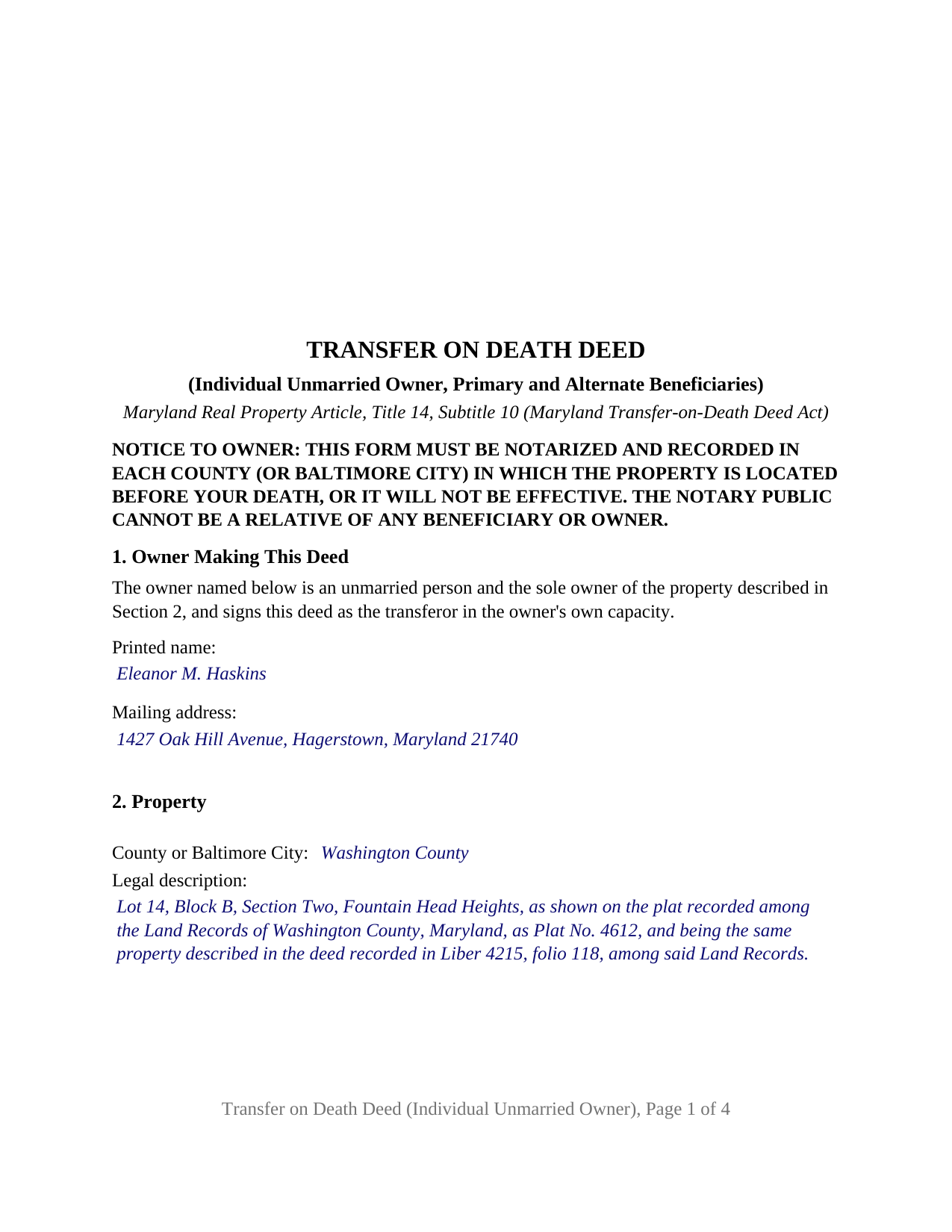 Carroll County Completed Example of the Transfer on Death Deed (Individual Unmarried Owner, Primary and Alternate Beneficiaries) Document