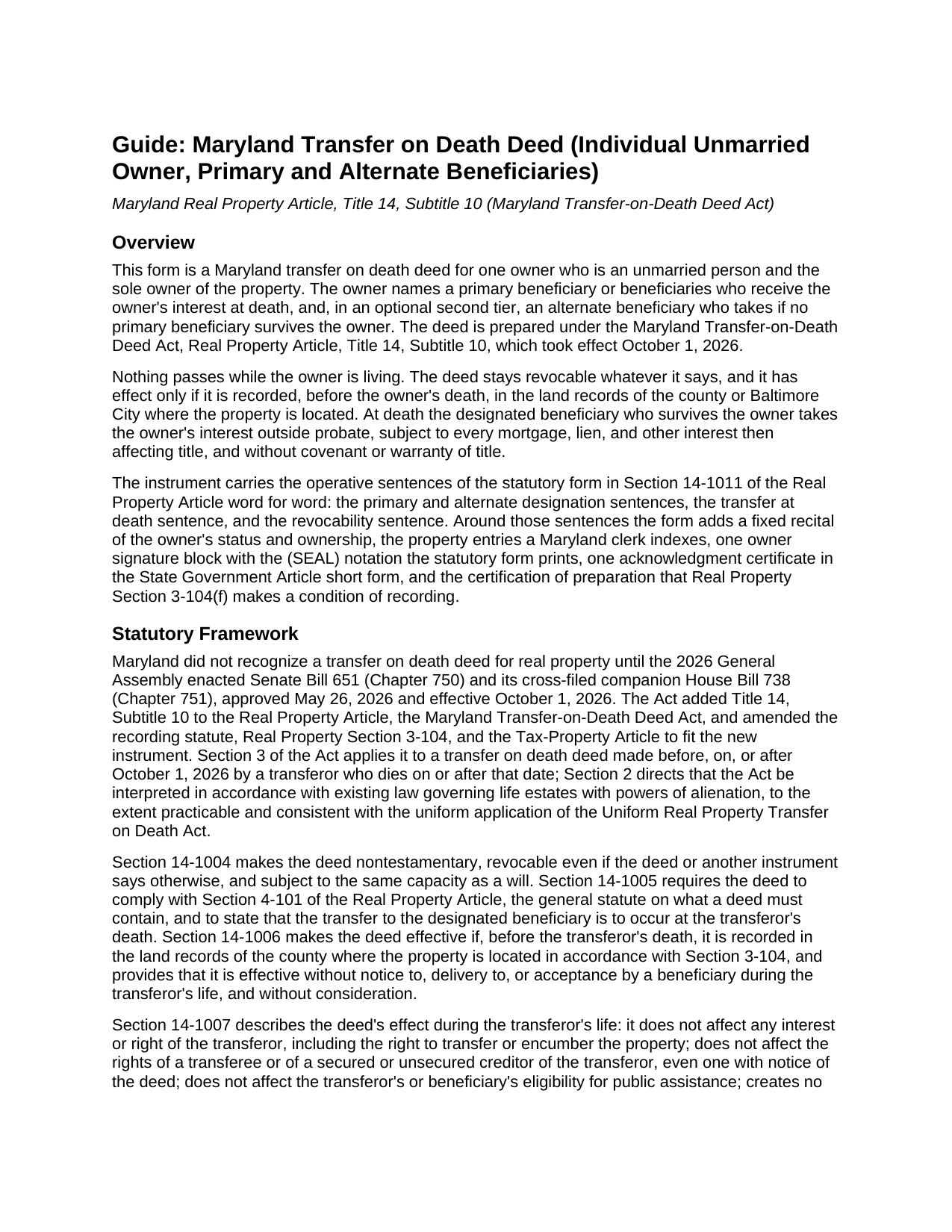Carroll County Transfer on Death Deed (Individual Unmarried Owner, Primary and Alternate Beneficiaries) Guide