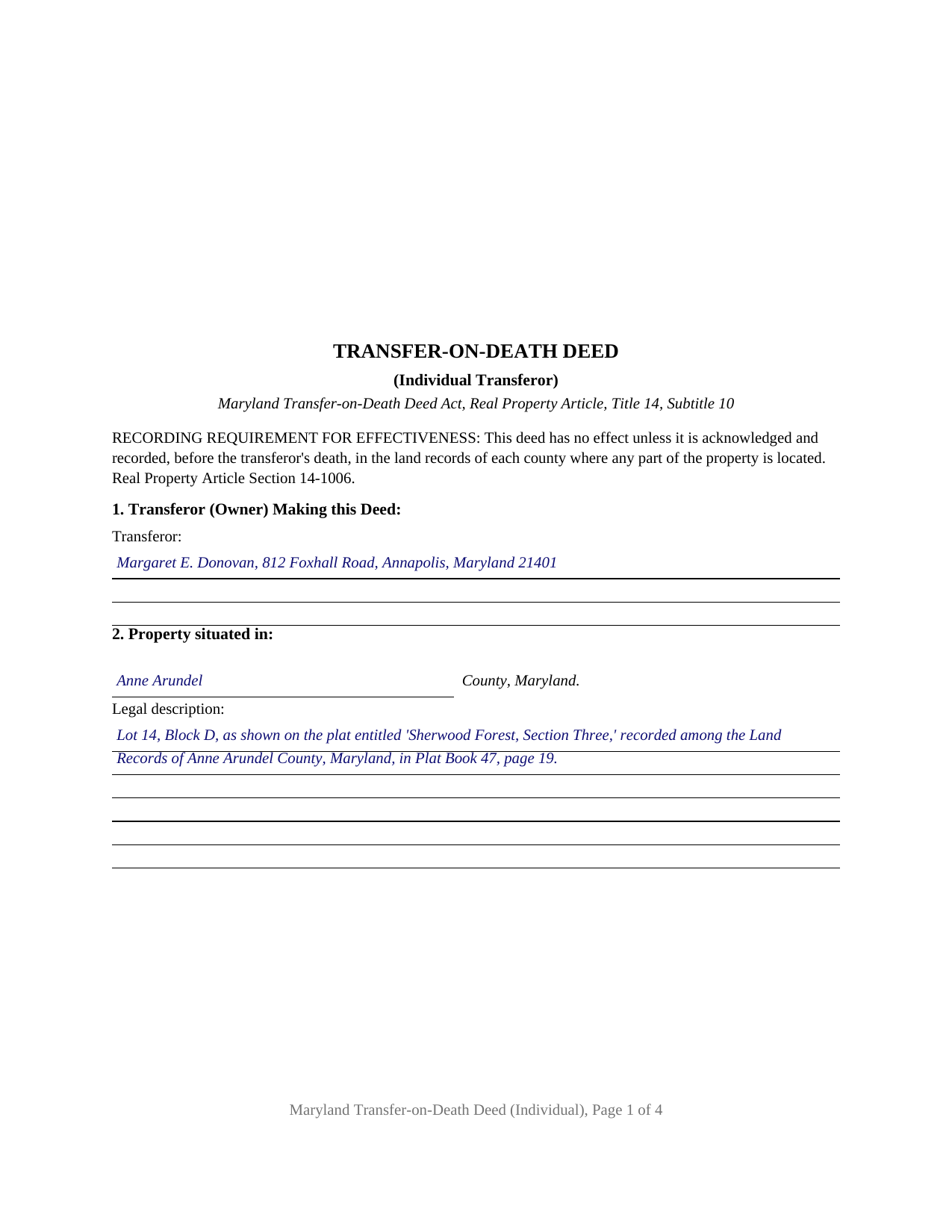 Prince Georges County Completed Example of the Transfer-on-Death Deed (Individual) Document