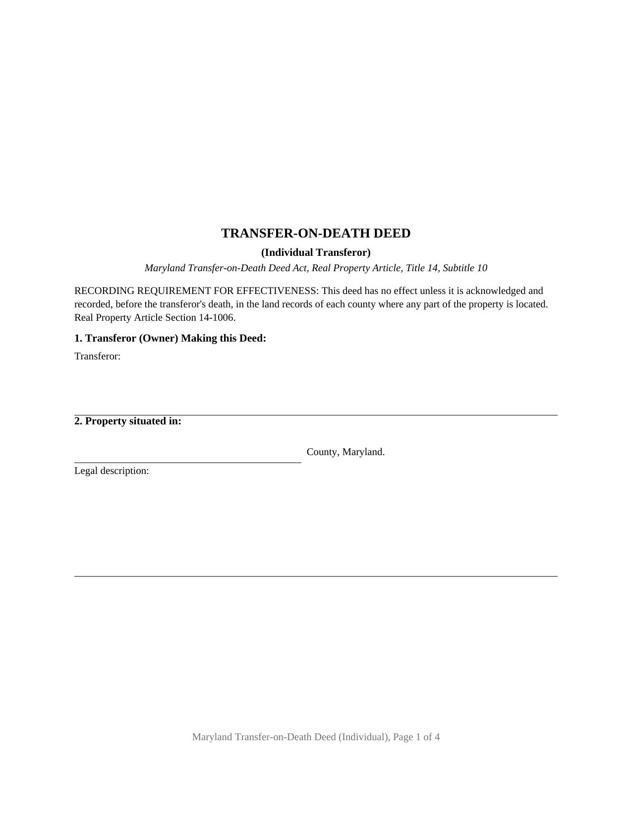 Prince Georges County Transfer-on-Death Deed (Individual) Form