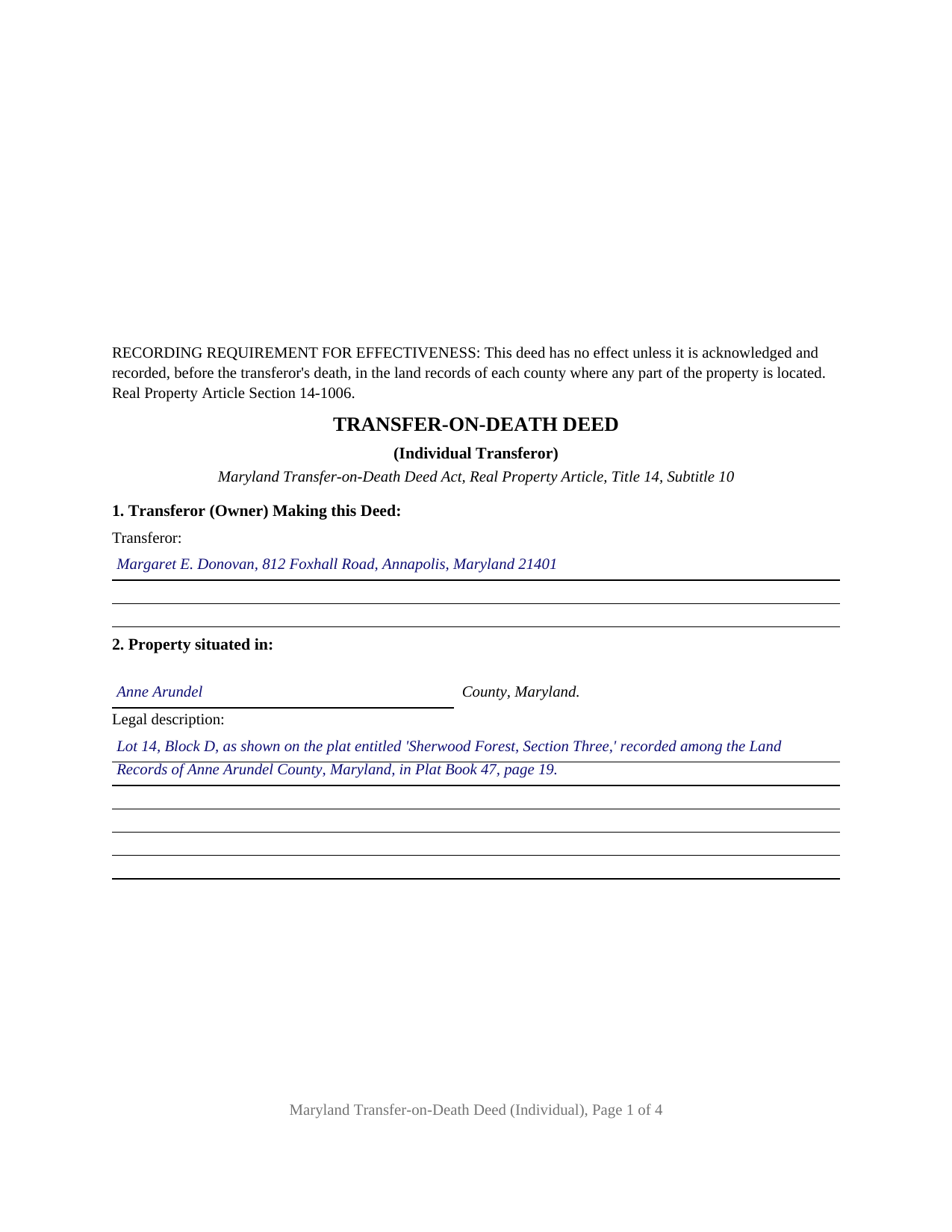 Prince Georges County Completed Example of the Transfer-on-Death Deed (Individual) Document