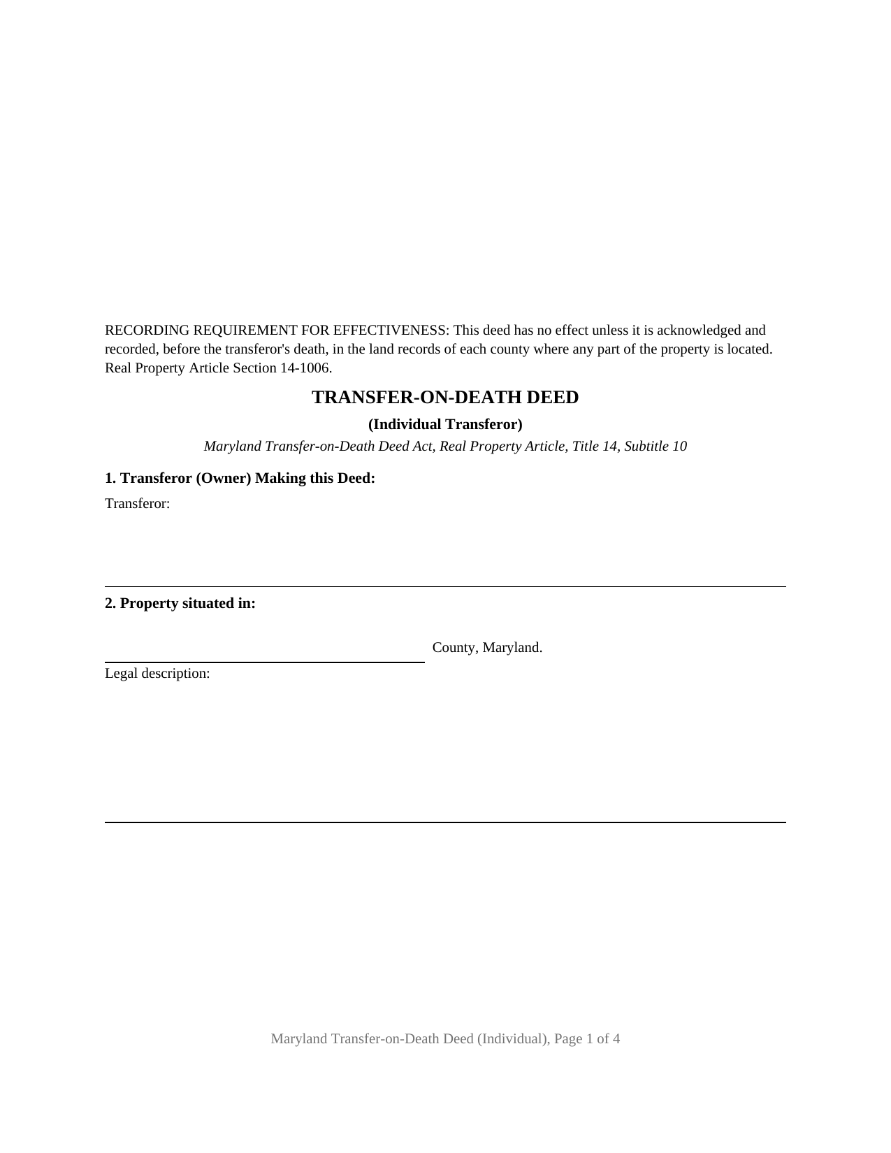 Prince Georges County Transfer-on-Death Deed (Individual) Form