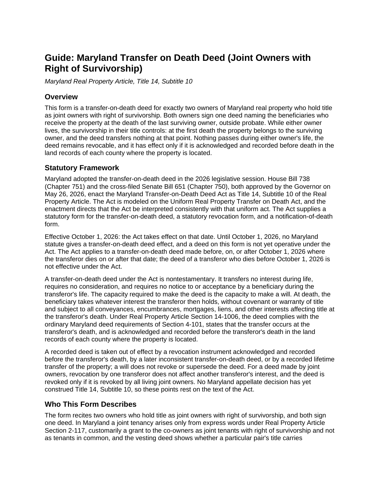 Prince Georges County Transfer on Death Deed (Joint Owners with Right of Survivorship) Guide