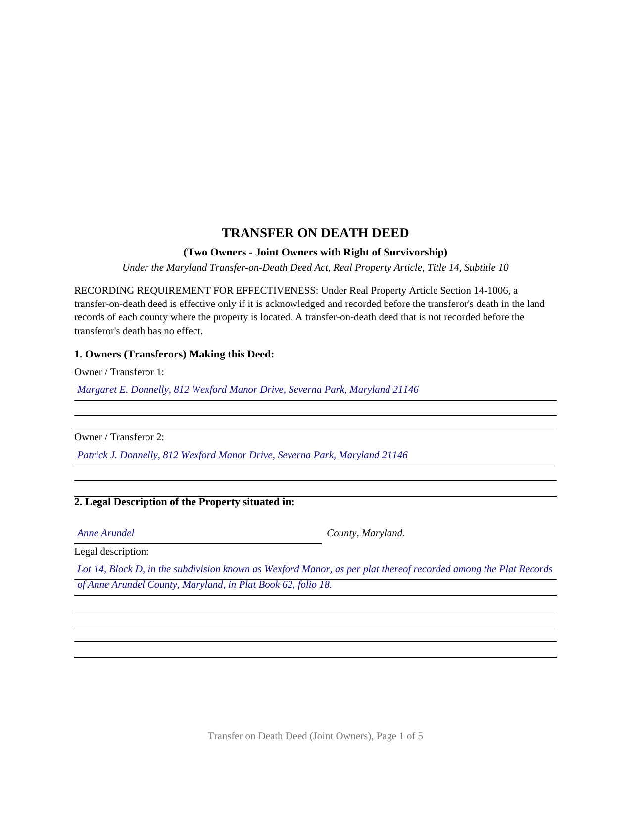 Prince Georges County Completed Example of the Transfer on Death Deed (Joint Owners with Right of Survivorship) Document