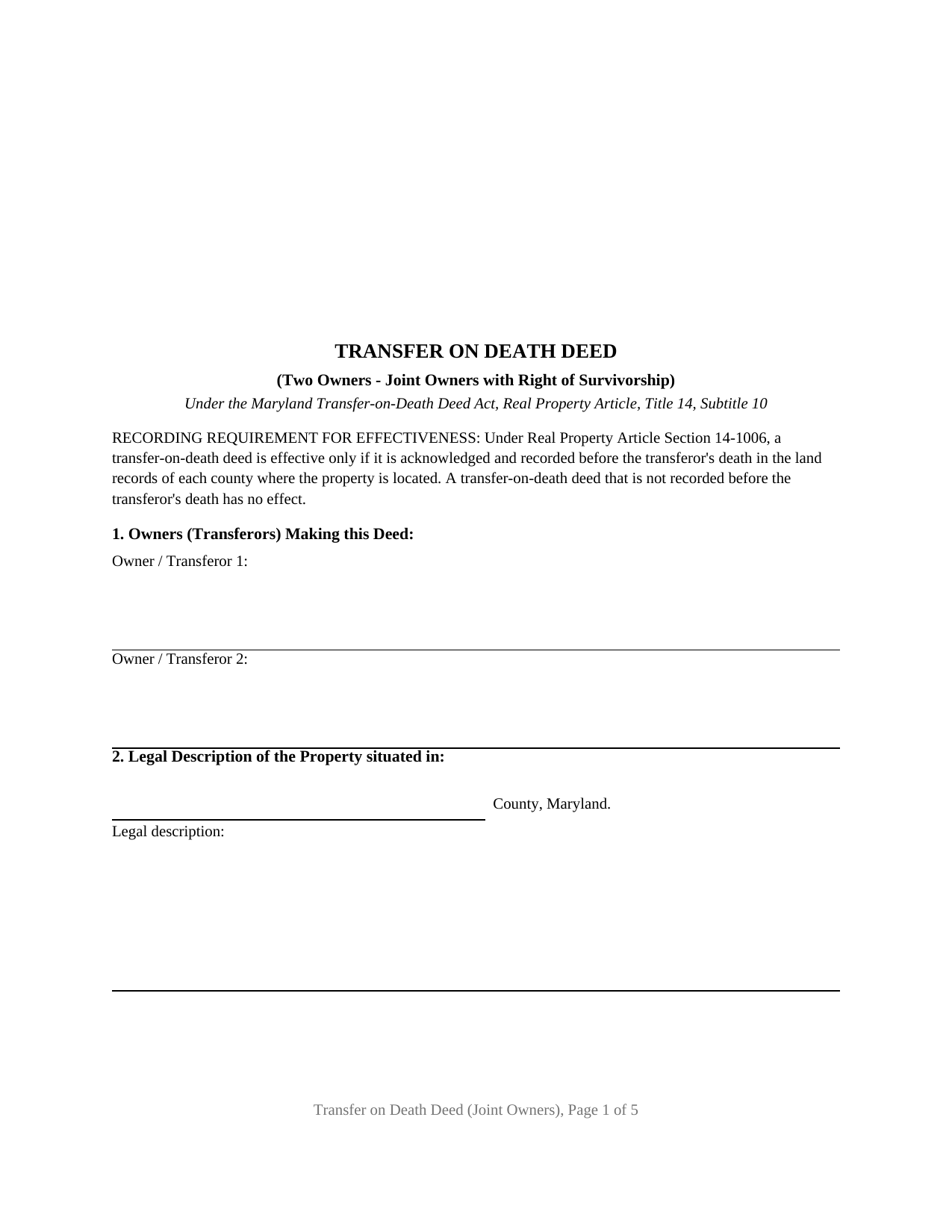 Prince Georges County Transfer on Death Deed (Joint Owners with Right of Survivorship) Form