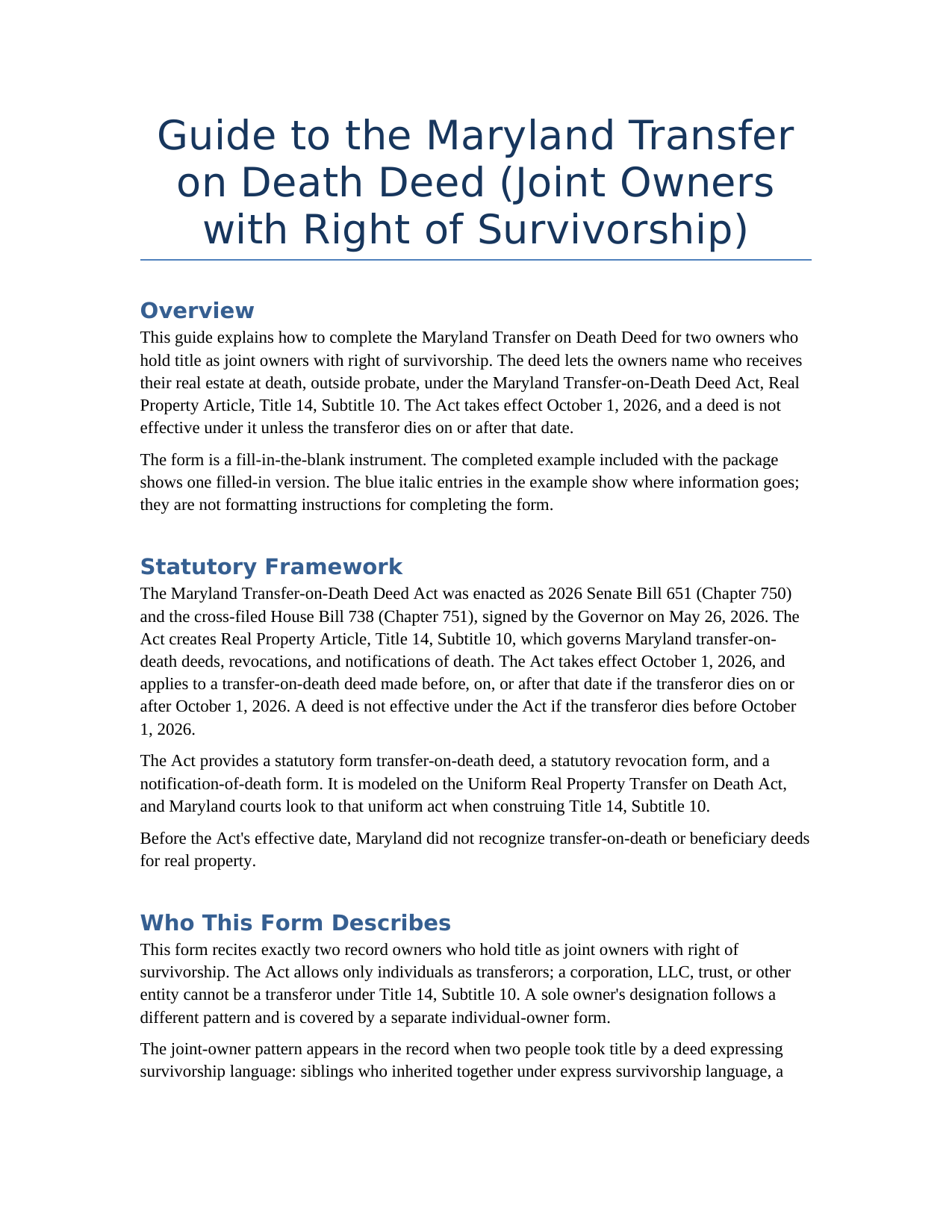 Prince Georges County Transfer on Death Deed (Joint Owners with Right of Survivorship) Guide