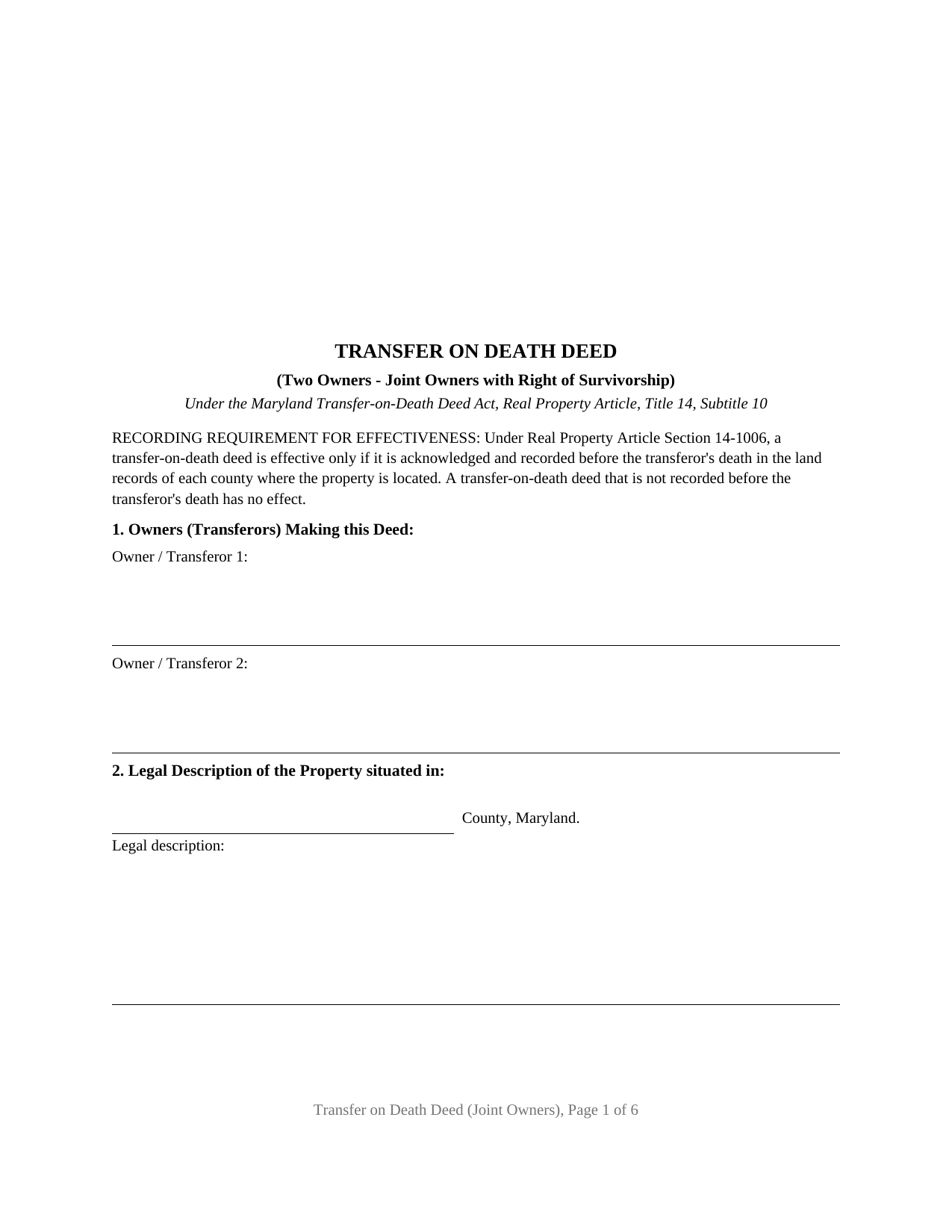 Prince Georges County Transfer on Death Deed (Joint Owners with Right of Survivorship) Form