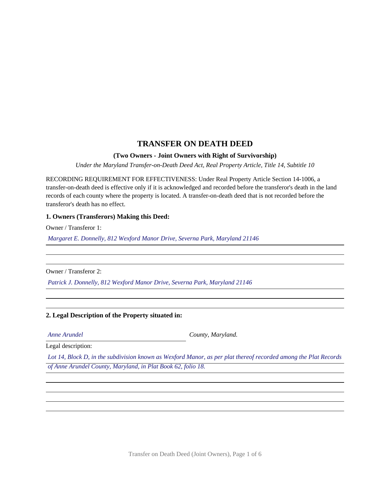 Prince Georges County Completed Example of the Transfer on Death Deed (Joint Owners with Right of Survivorship) Document