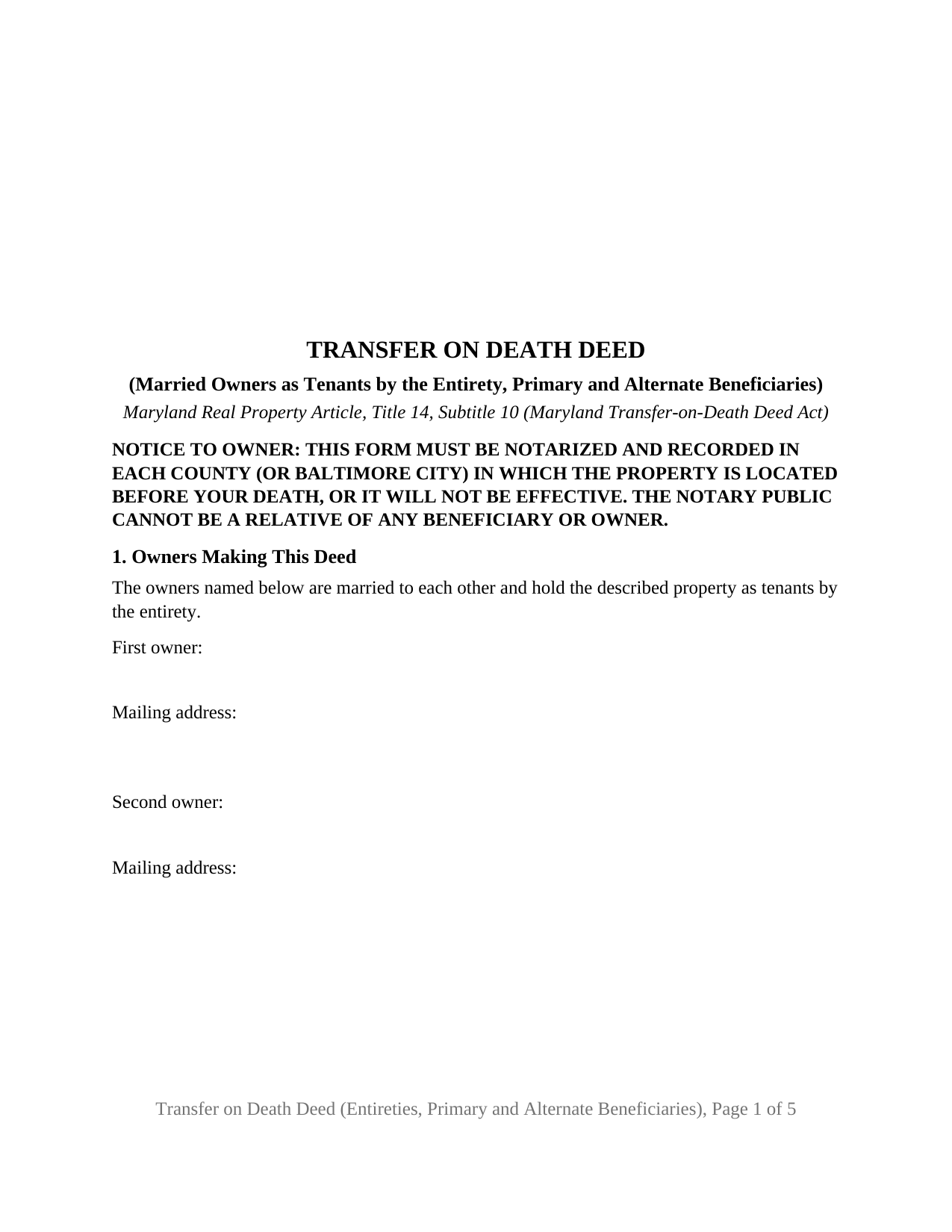 Garrett County Transfer on Death Deed (Married Owners as Tenants by the Entirety, Primary and Alternate Beneficiaries) Form