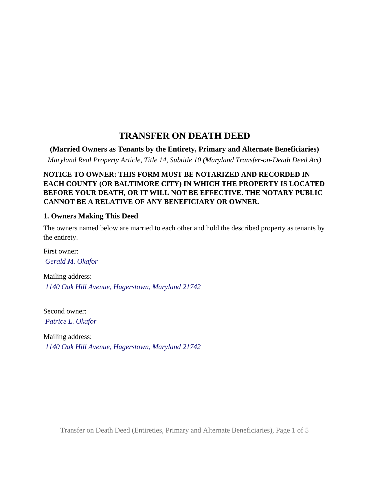 Garrett County Completed Example of the Transfer on Death Deed (Married Owners as Tenants by the Entirety, Primary and Alternate Beneficiaries) Document