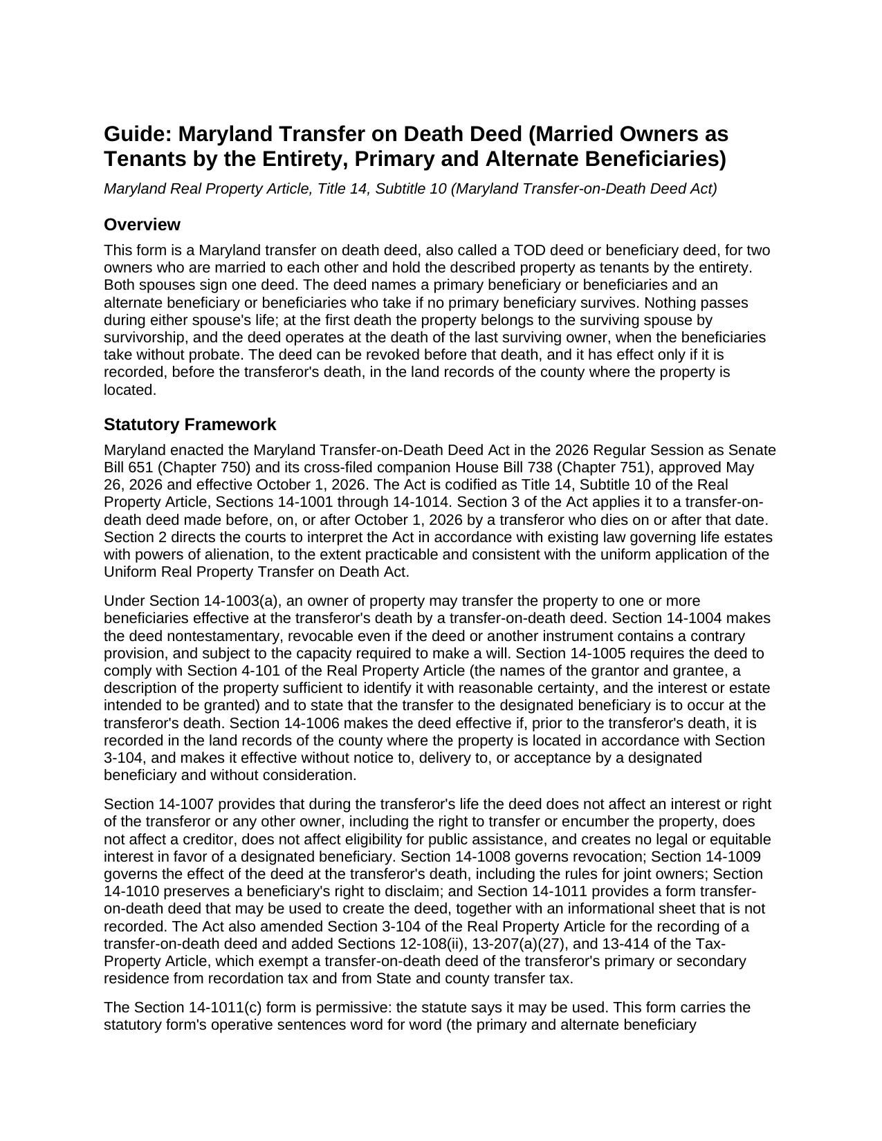 Garrett County Transfer on Death Deed (Married Owners as Tenants by the Entirety, Primary and Alternate Beneficiaries) Guide