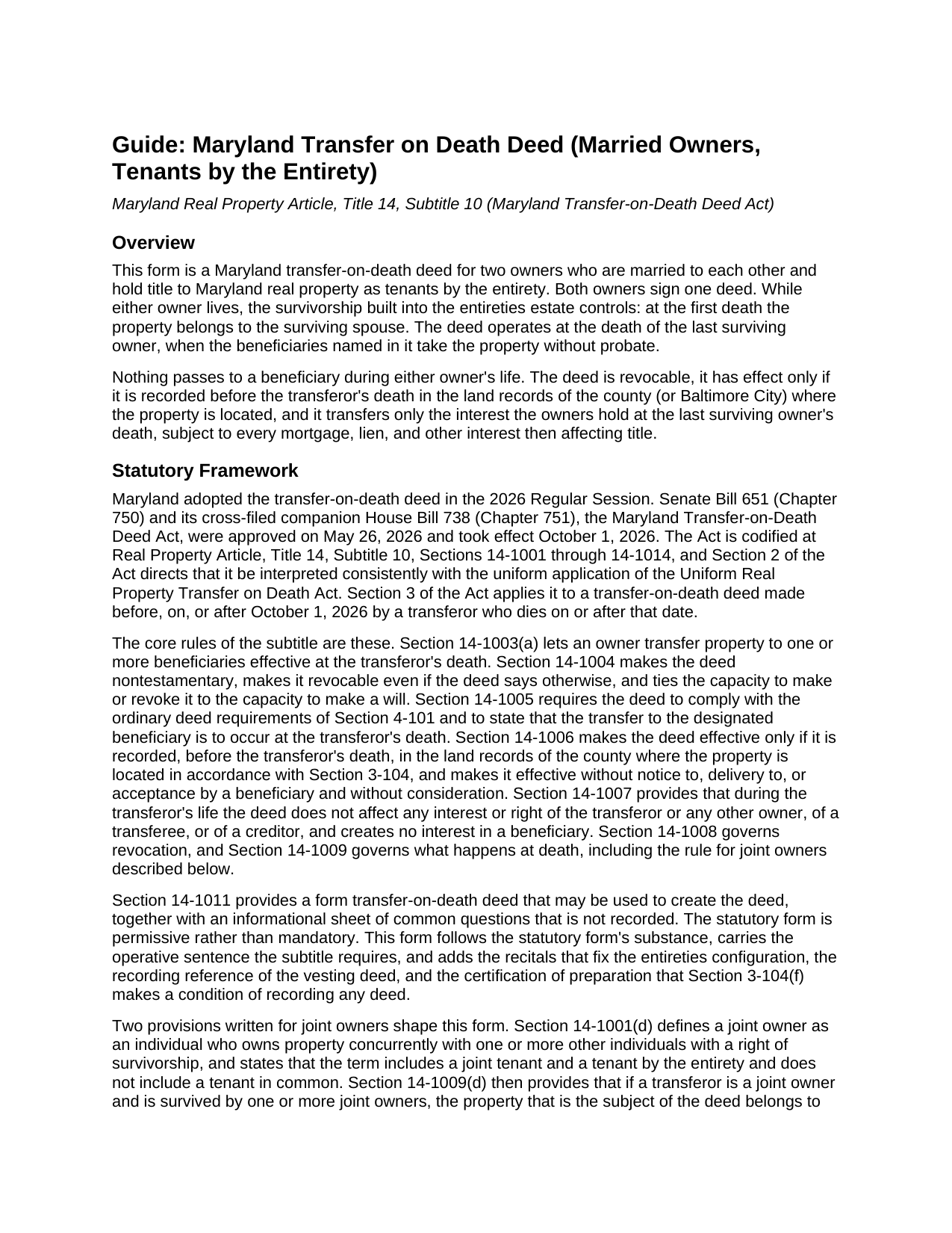 Somerset County Transfer on Death Deed (Married Owners, Tenants by the Entirety) Guide