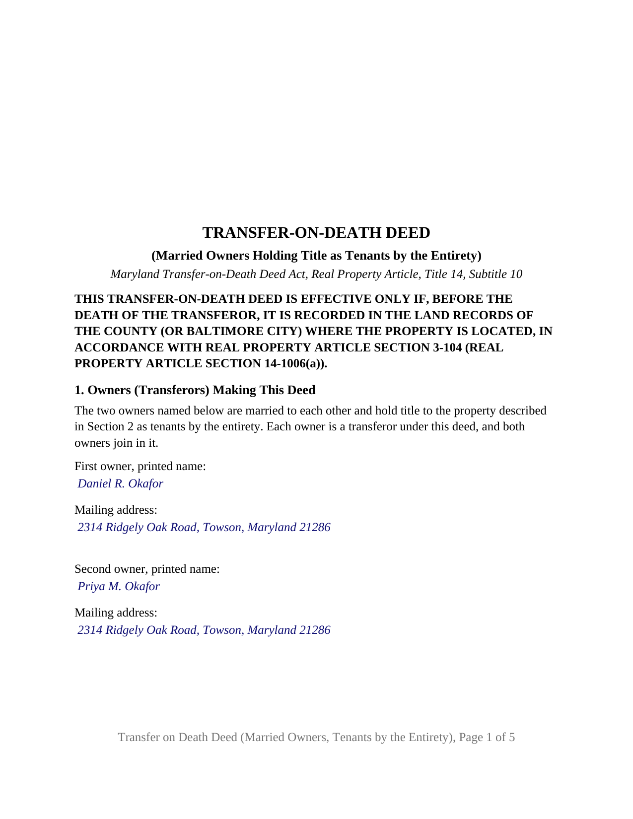 Somerset County Completed Example of the Transfer on Death Deed (Married Owners, Tenants by the Entirety) Document