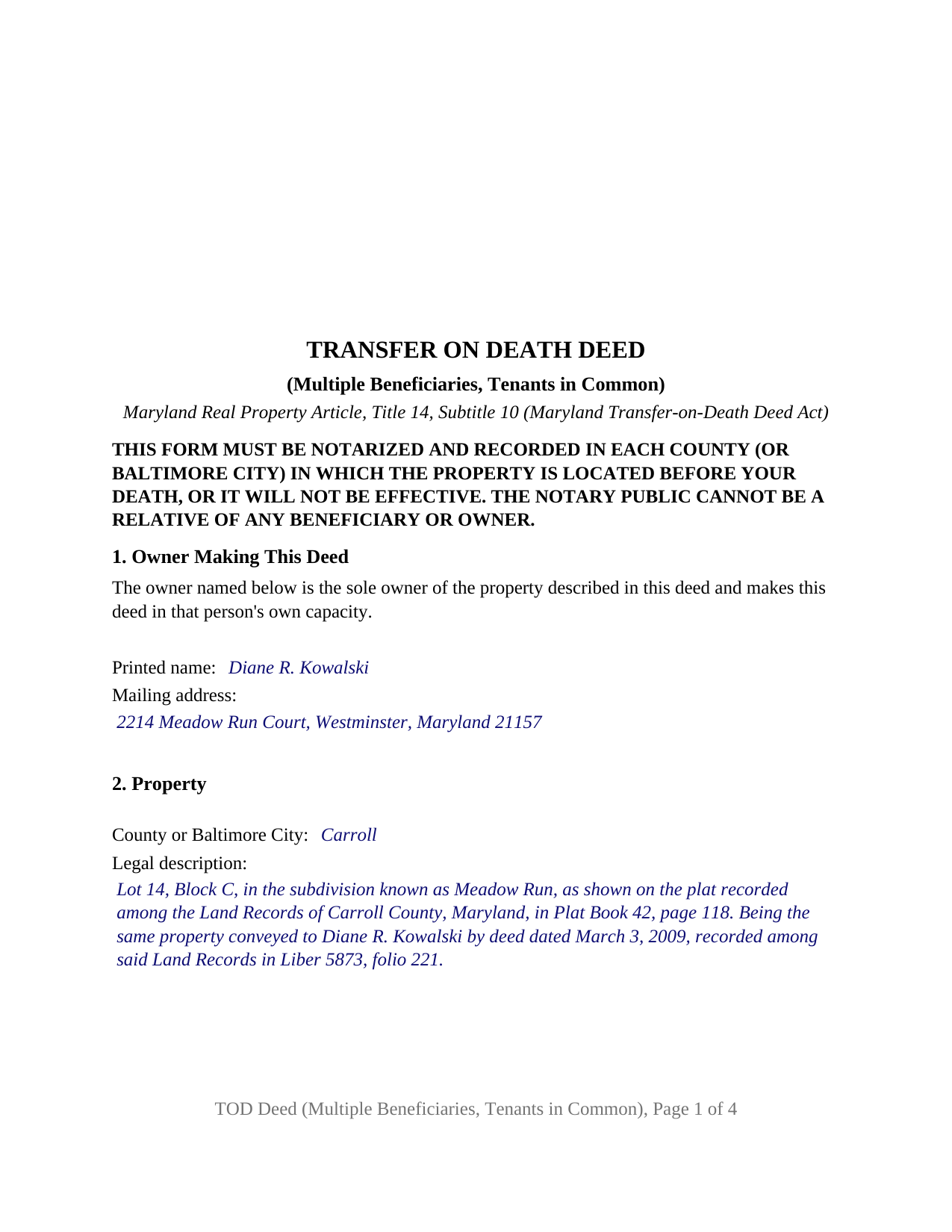 Allegany County Completed Example of the Transfer on Death Deed (Multiple Beneficiaries, Tenants in Common) Document