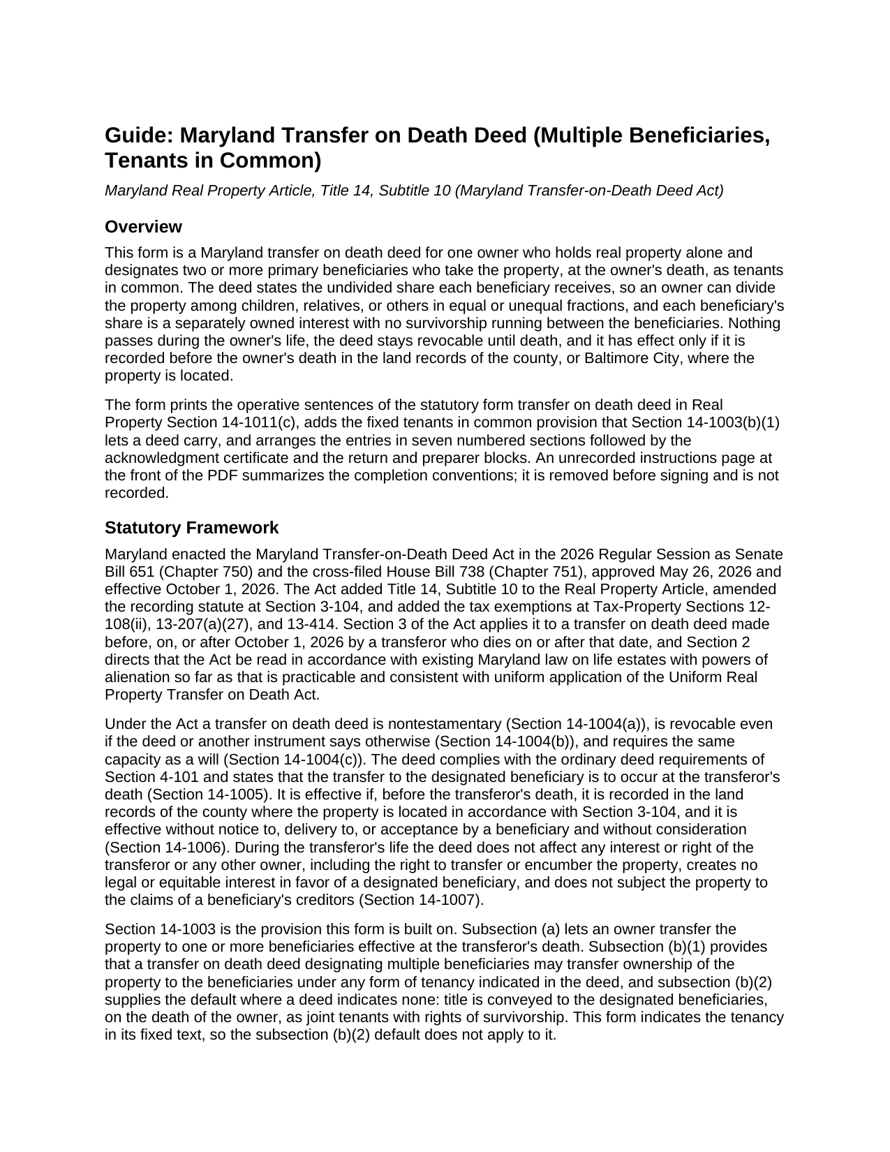 Allegany County Transfer on Death Deed (Multiple Beneficiaries, Tenants in Common) Guide
