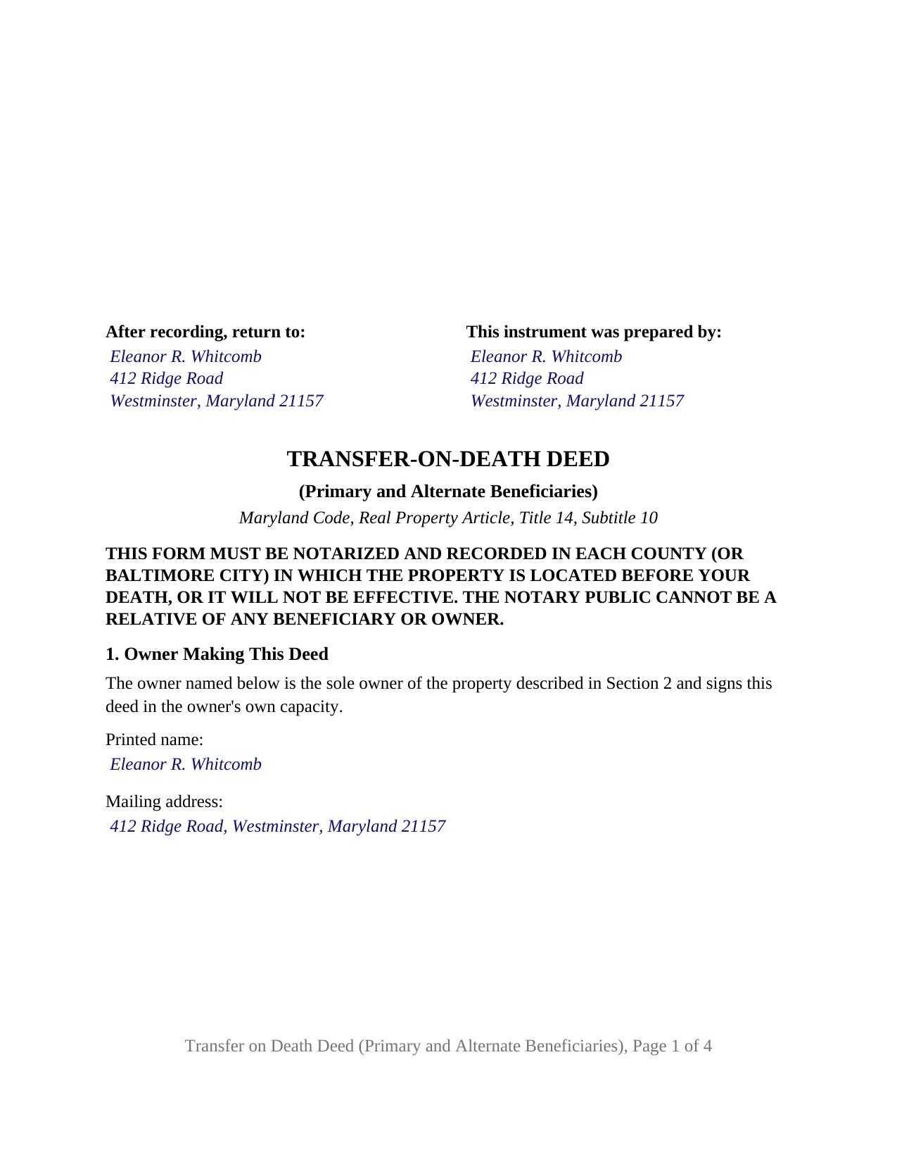 Allegany County Completed Example of the Transfer on Death Deed (Primary and Alternate Beneficiaries) Document