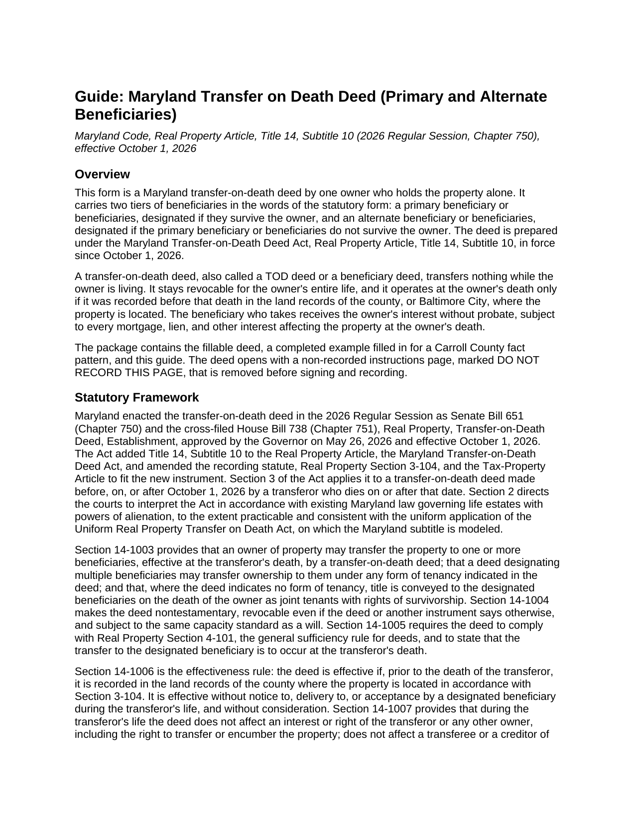 Allegany County Transfer on Death Deed (Primary and Alternate Beneficiaries) Guide