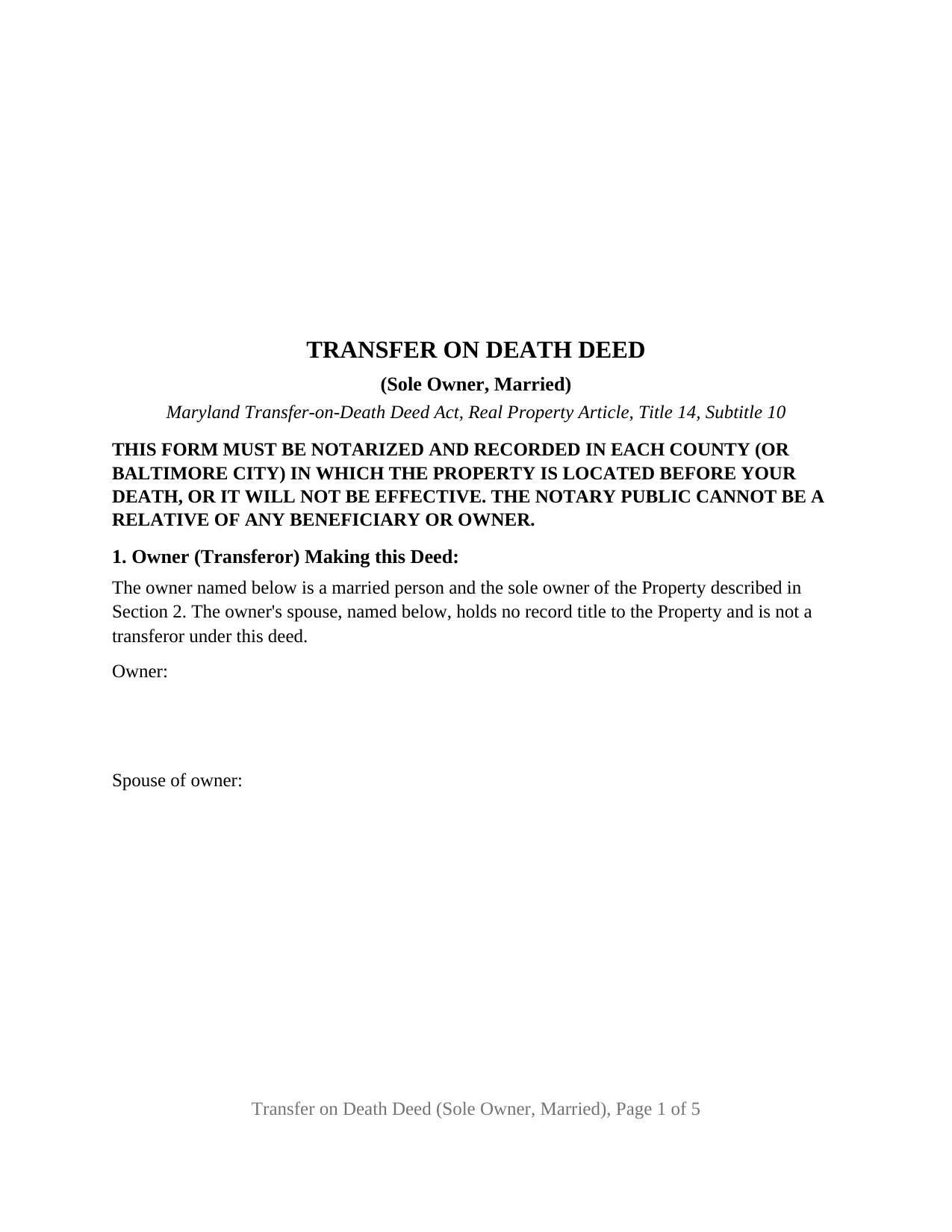 Garrett County Transfer on Death Deed (Sole Owner, Married) Form