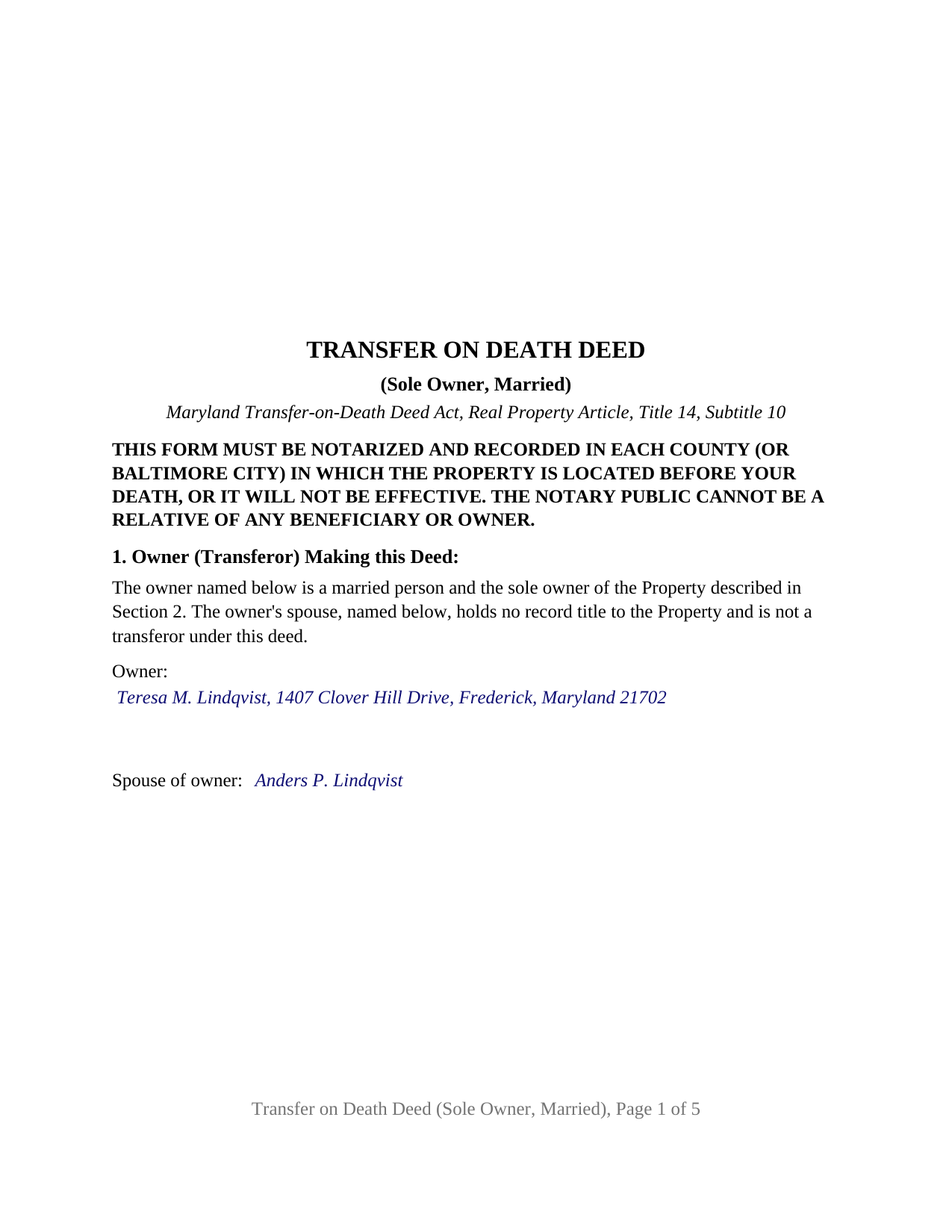 Garrett County Completed Example of the Transfer on Death Deed (Sole Owner, Married) Document