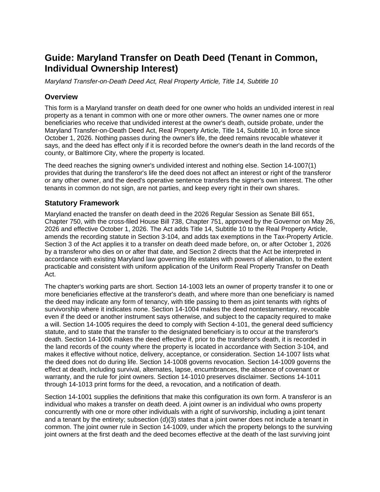 Frederick County Transfer on Death Deed (Tenant in Common, Individual Ownership Interest) Guide