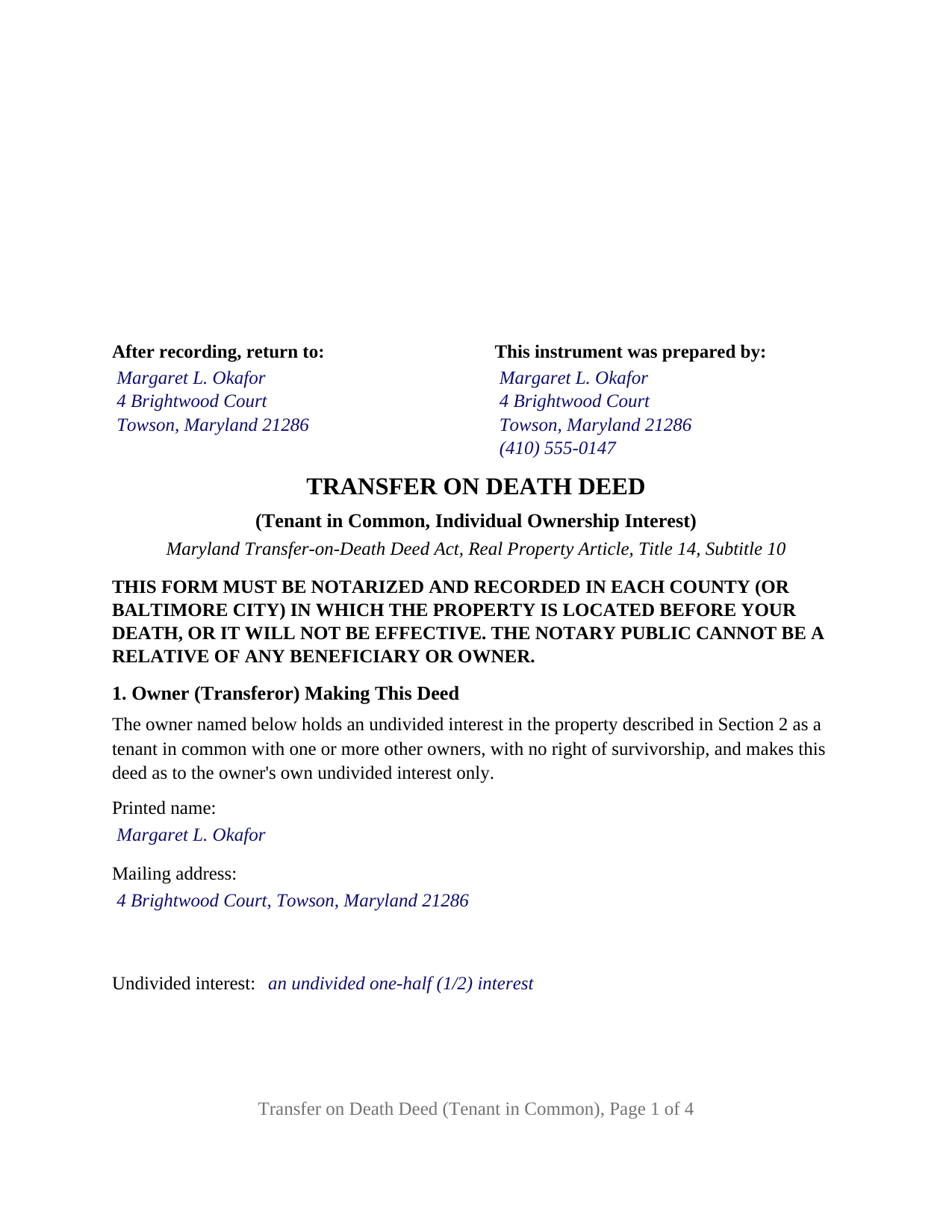 Frederick County Completed Example of the Transfer on Death Deed (Tenant in Common, Individual Ownership Interest) Document