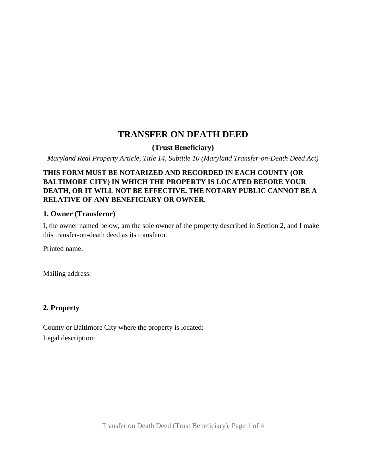 Carroll County Transfer on Death Deed (Trust Beneficiary) Form