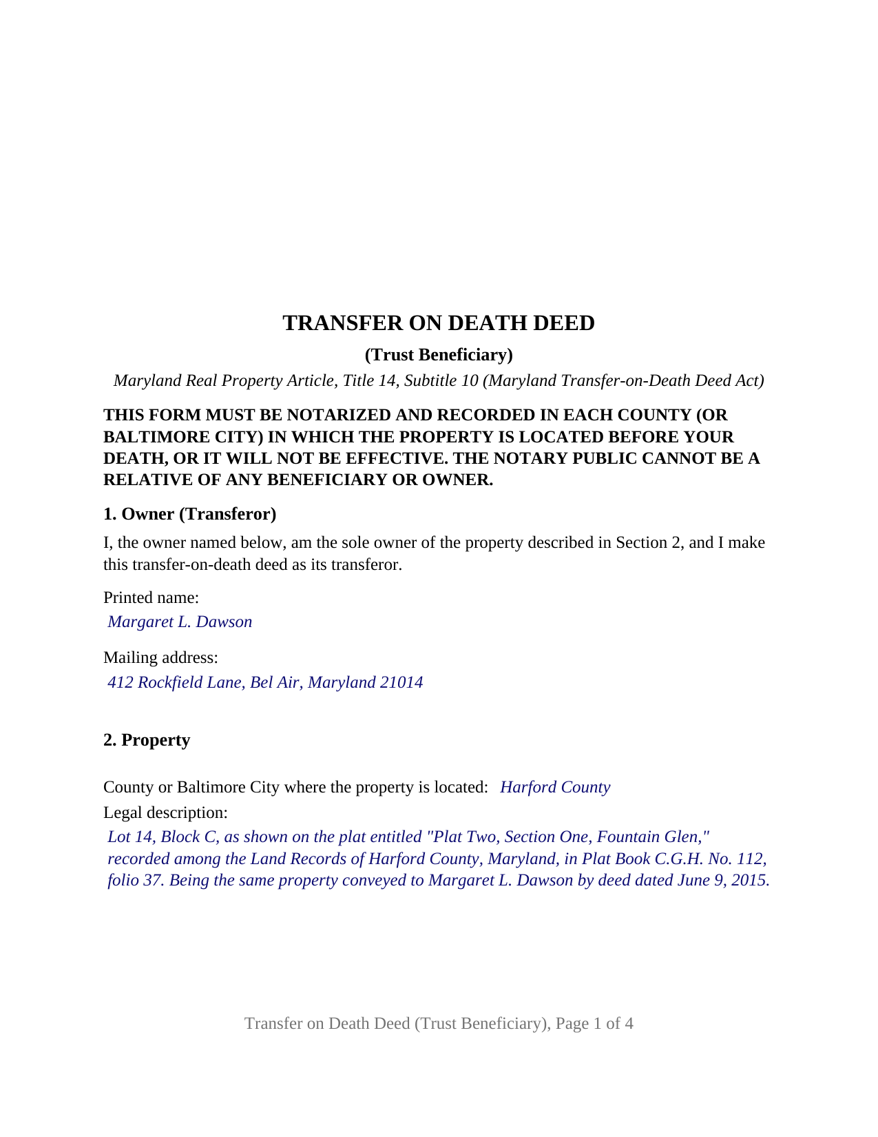 Carroll County Completed Example of the Transfer on Death Deed (Trust Beneficiary) Document
