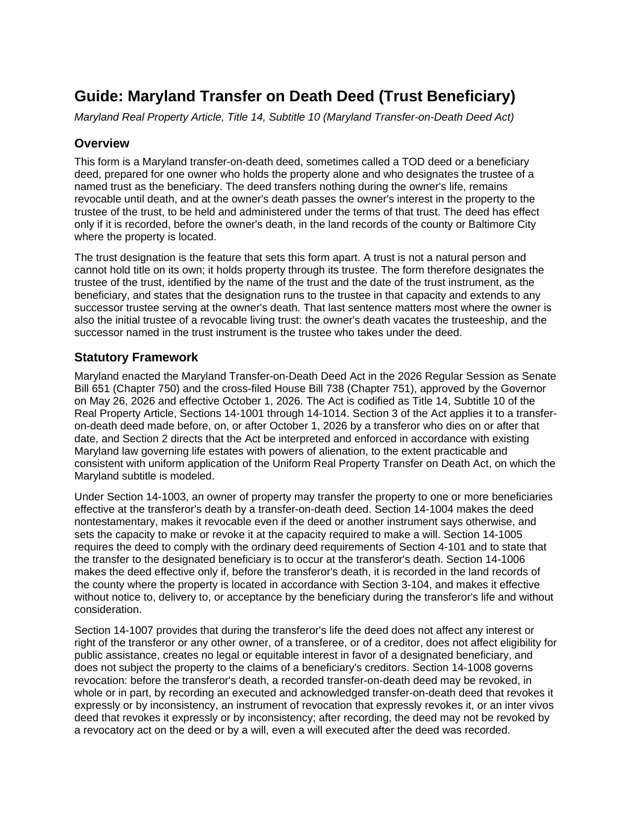 Carroll County Transfer on Death Deed (Trust Beneficiary) Guide