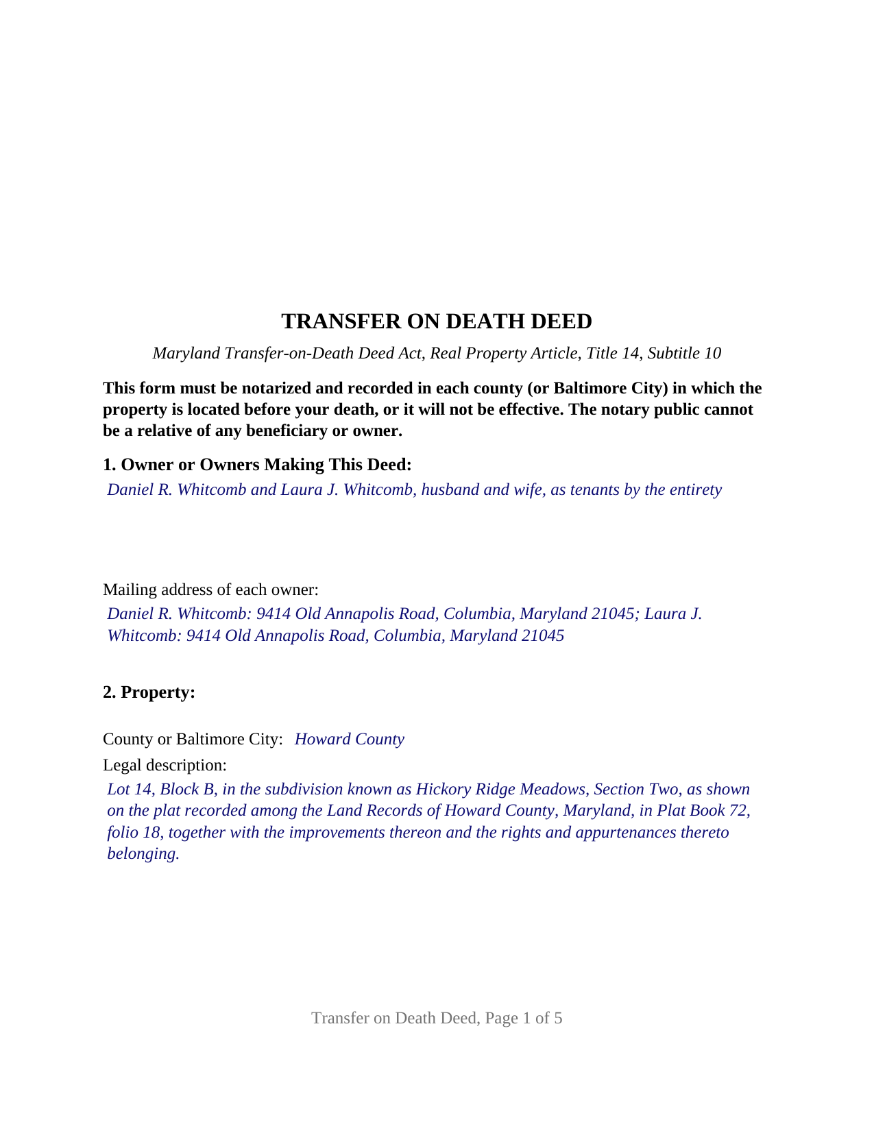 Allegany County Completed Example of the Transfer on Death Deed Document