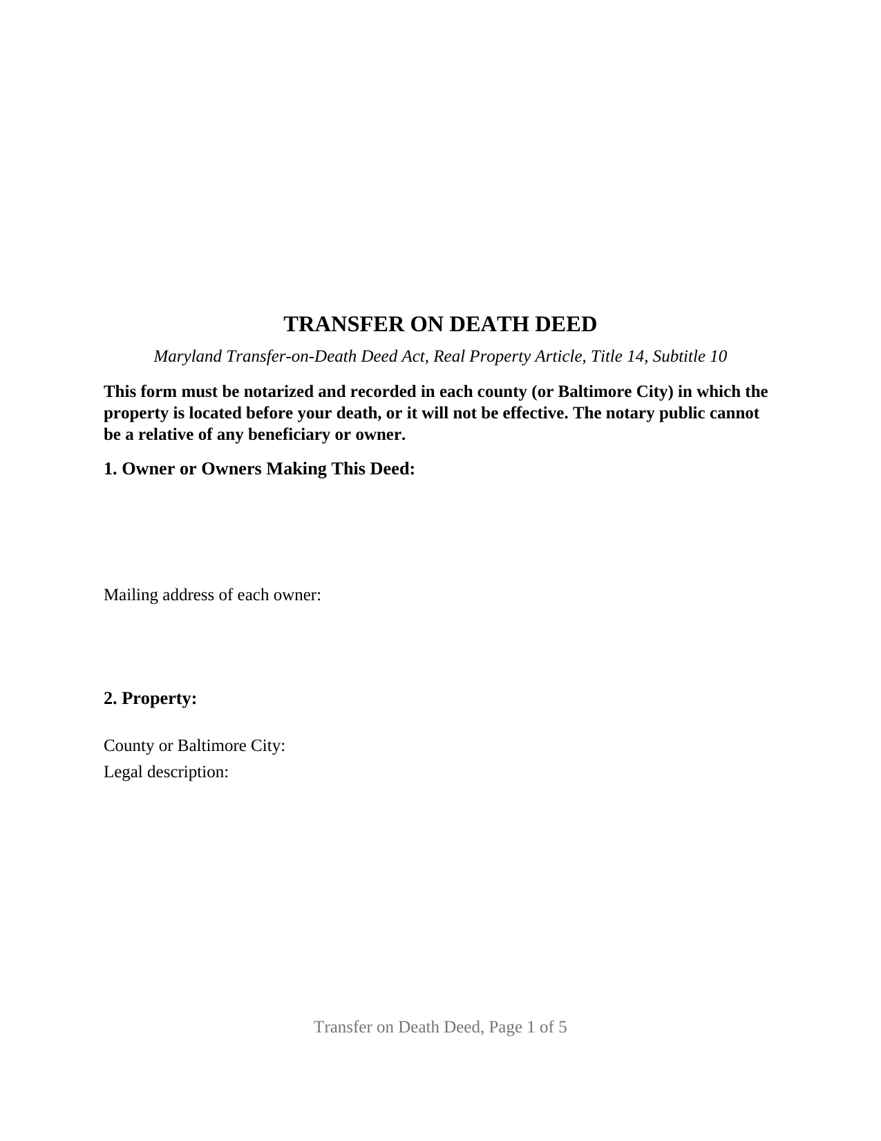 Allegany County Transfer on Death Deed Form