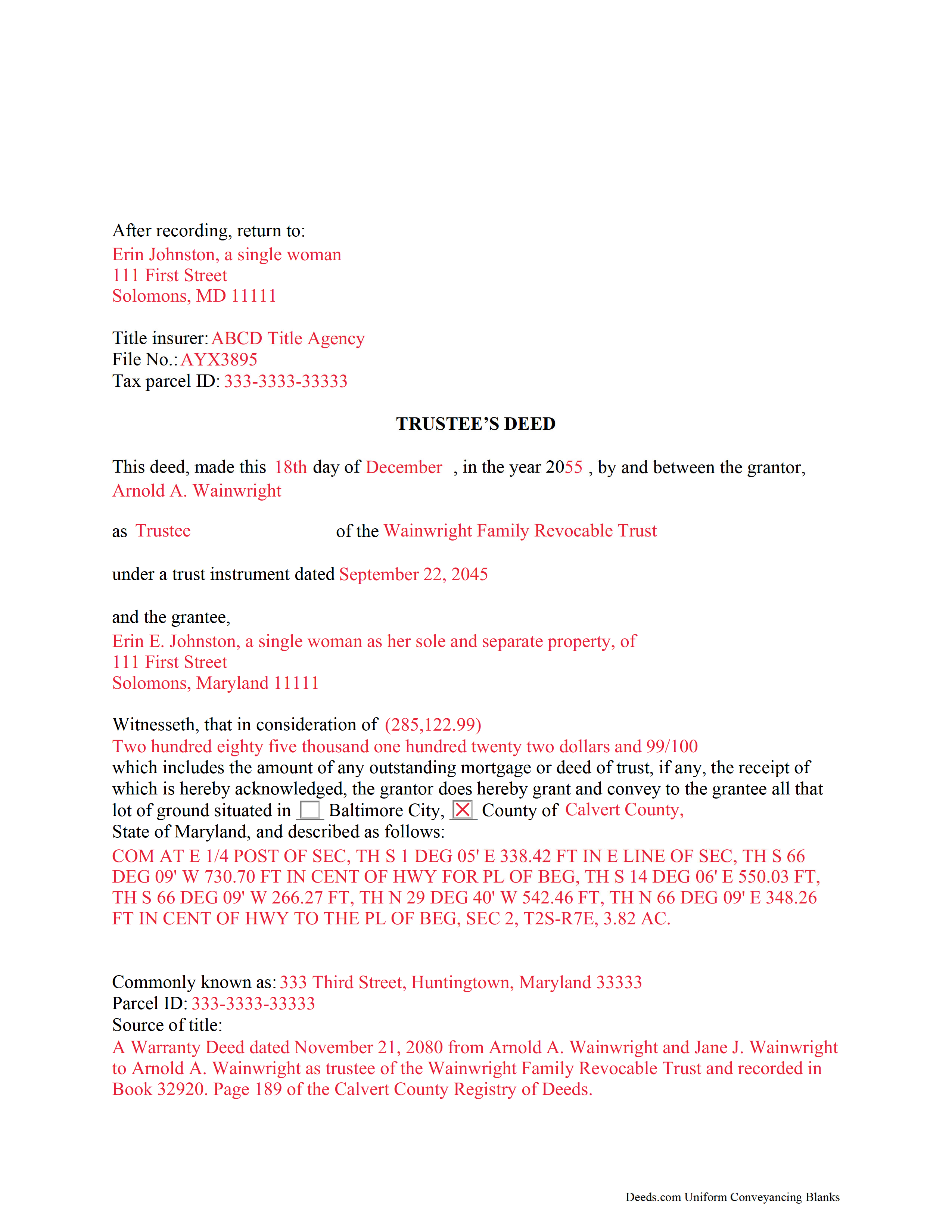 Completed Example of the Trustee Deed Document