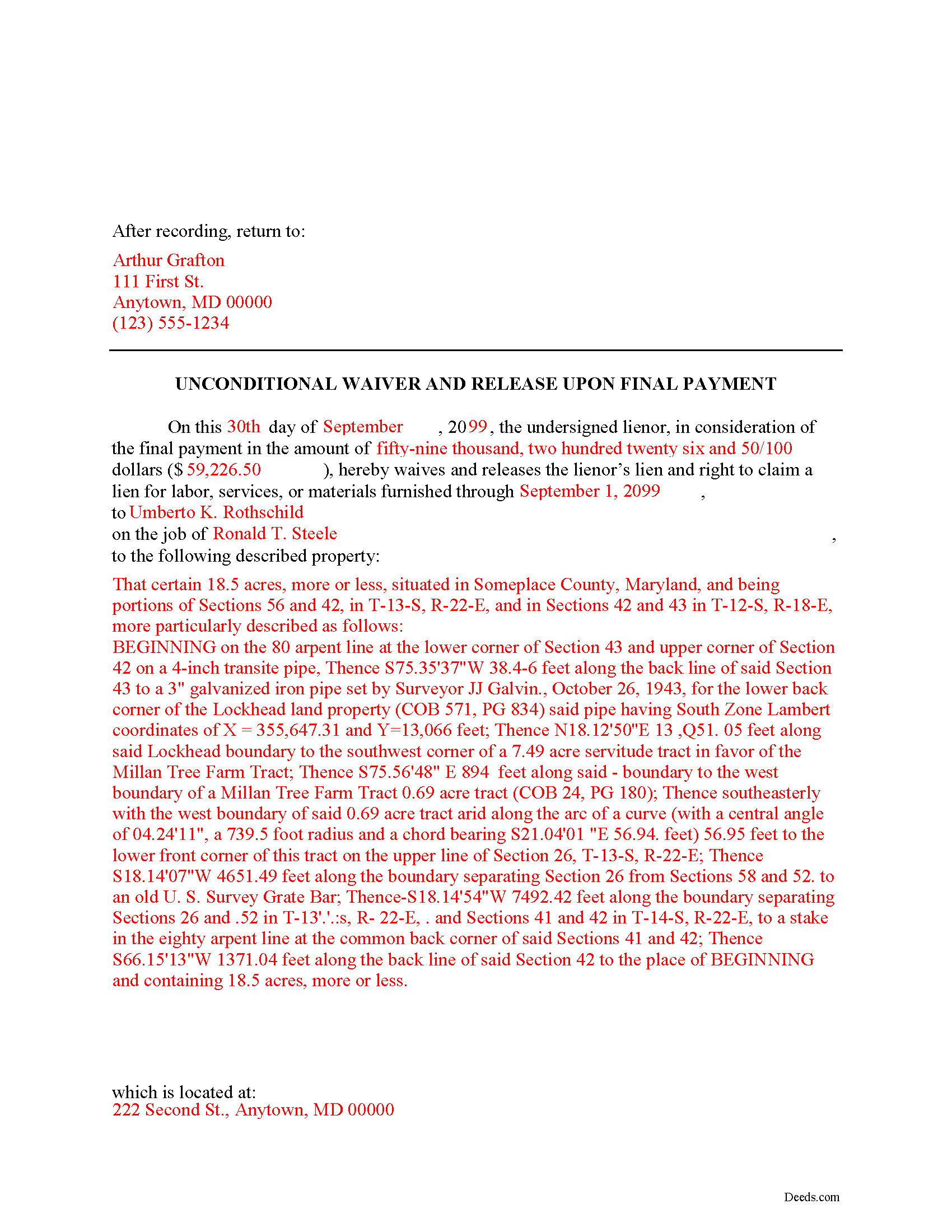 Completed Example of the Unconditional Lien Waiver on Final Payment Document