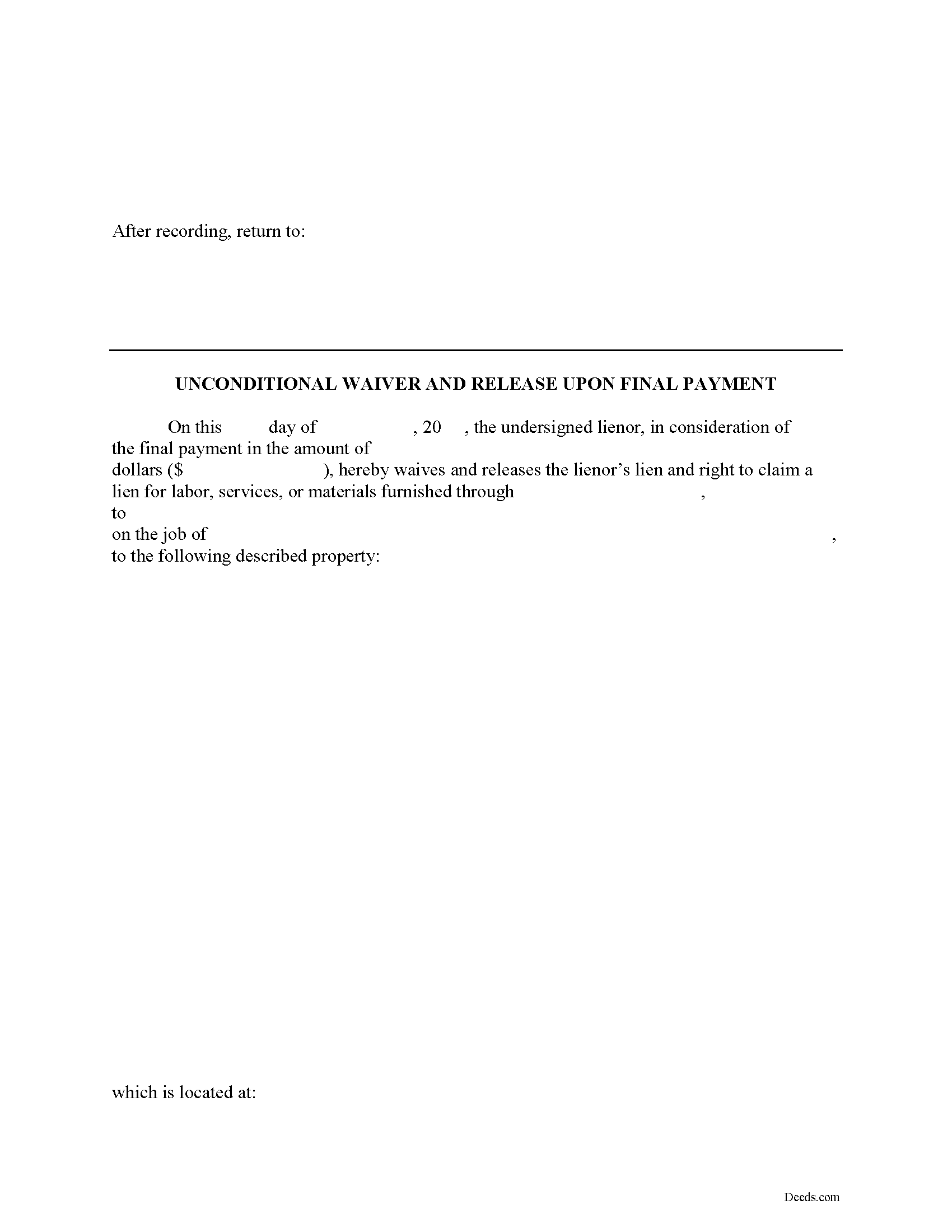 Caroline County Unconditional Lien Waiver on Final Payment Form