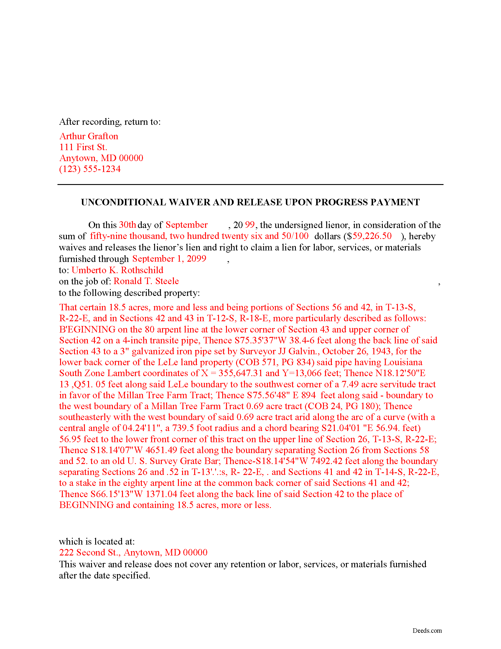 Completed Example of the Unconditional Lien Waiver on Progress Payment Document