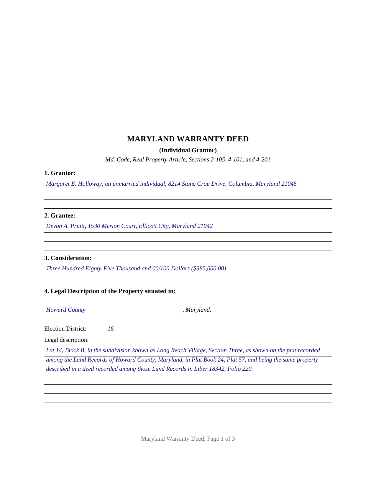 Cecil County Completed Example of the Warranty Deed (Individual Grantor) Document