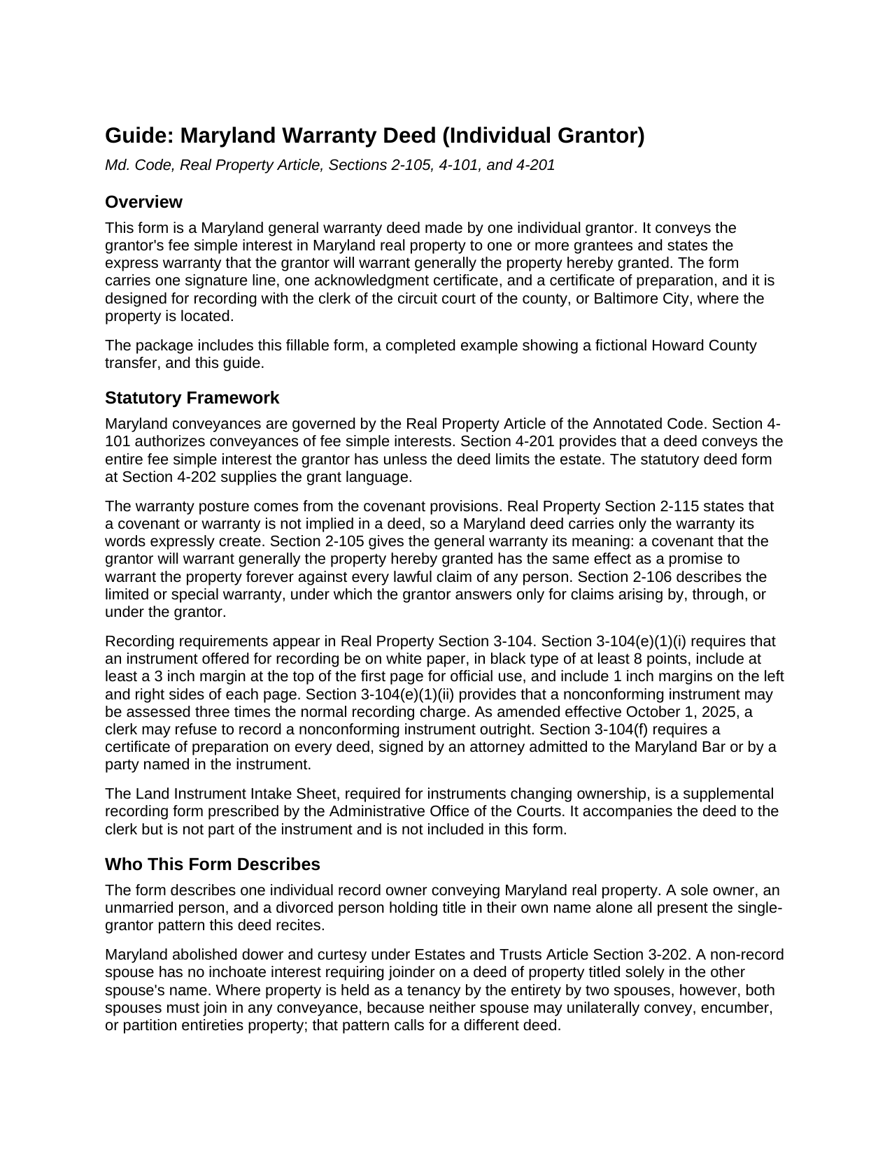 Cecil County Warranty Deed (Individual Grantor) Guide