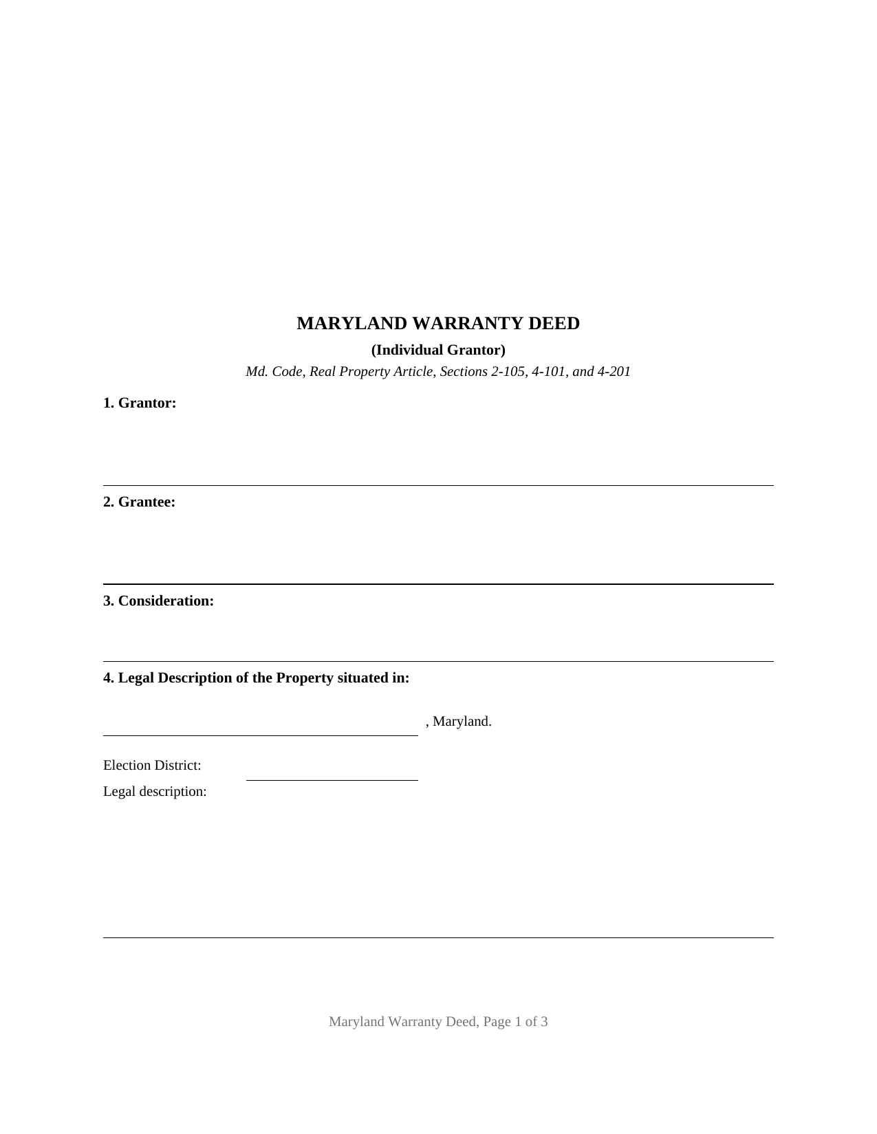 Cecil County Warranty Deed (Individual Grantor) Form