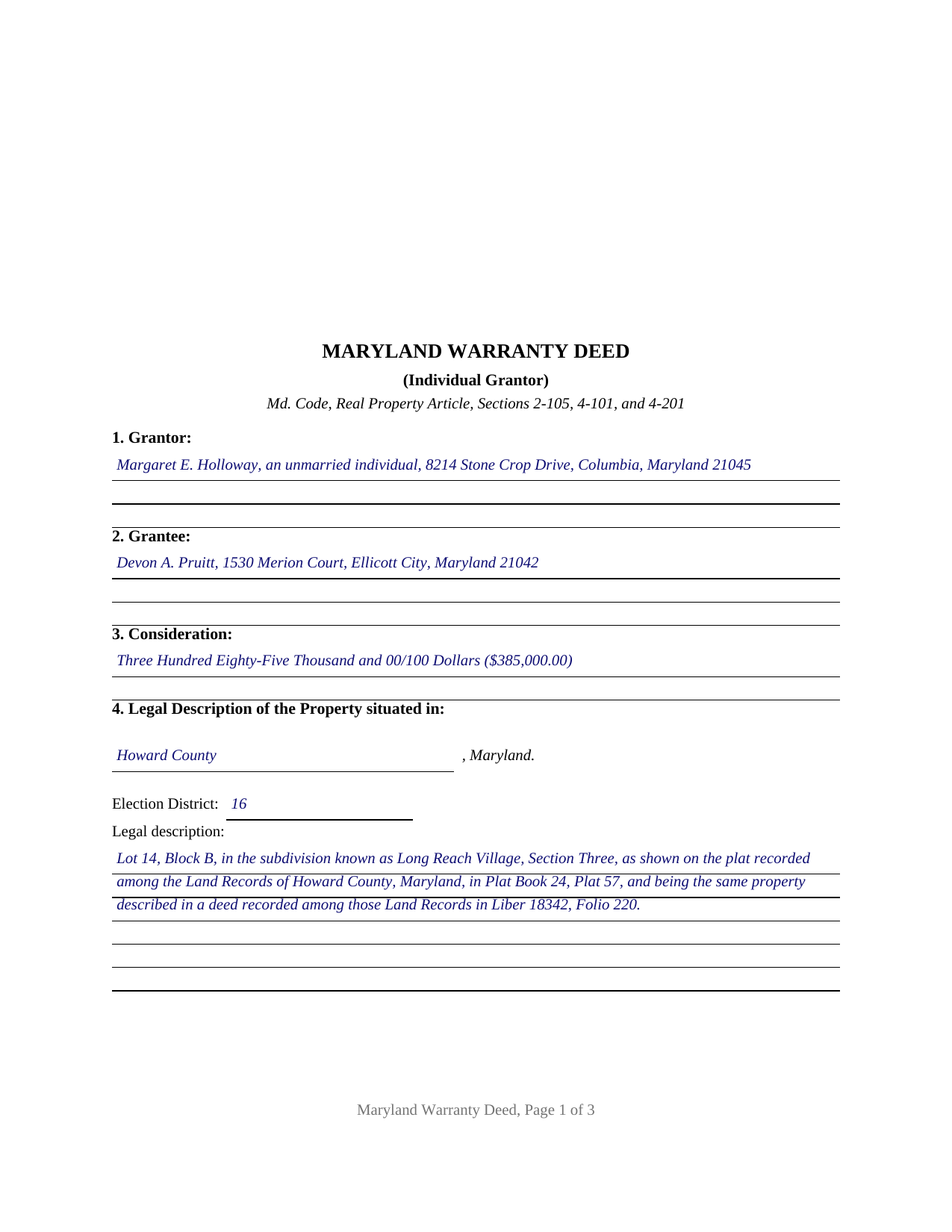 Baltimore City Completed Example of the Warranty Deed Document