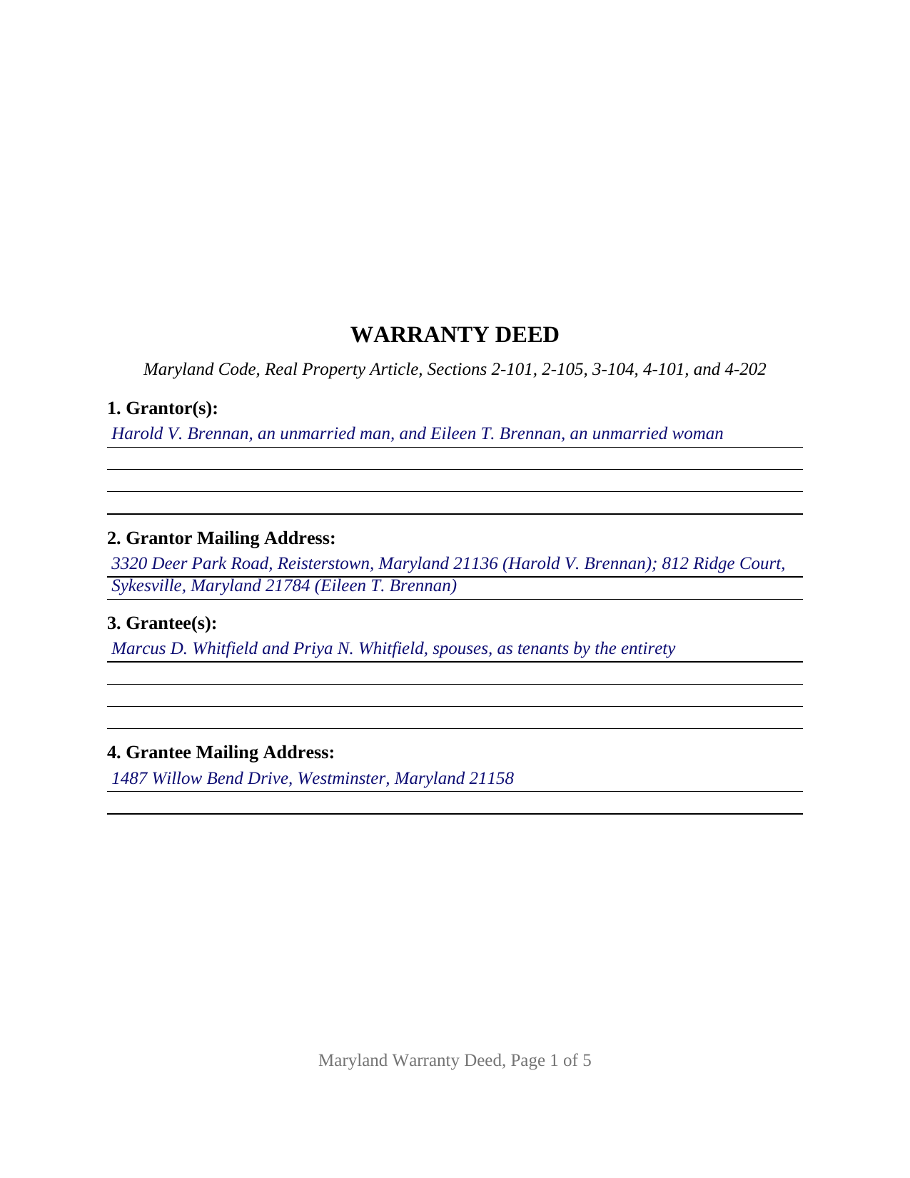 Garrett County Completed Example of the Warranty Deed Document
