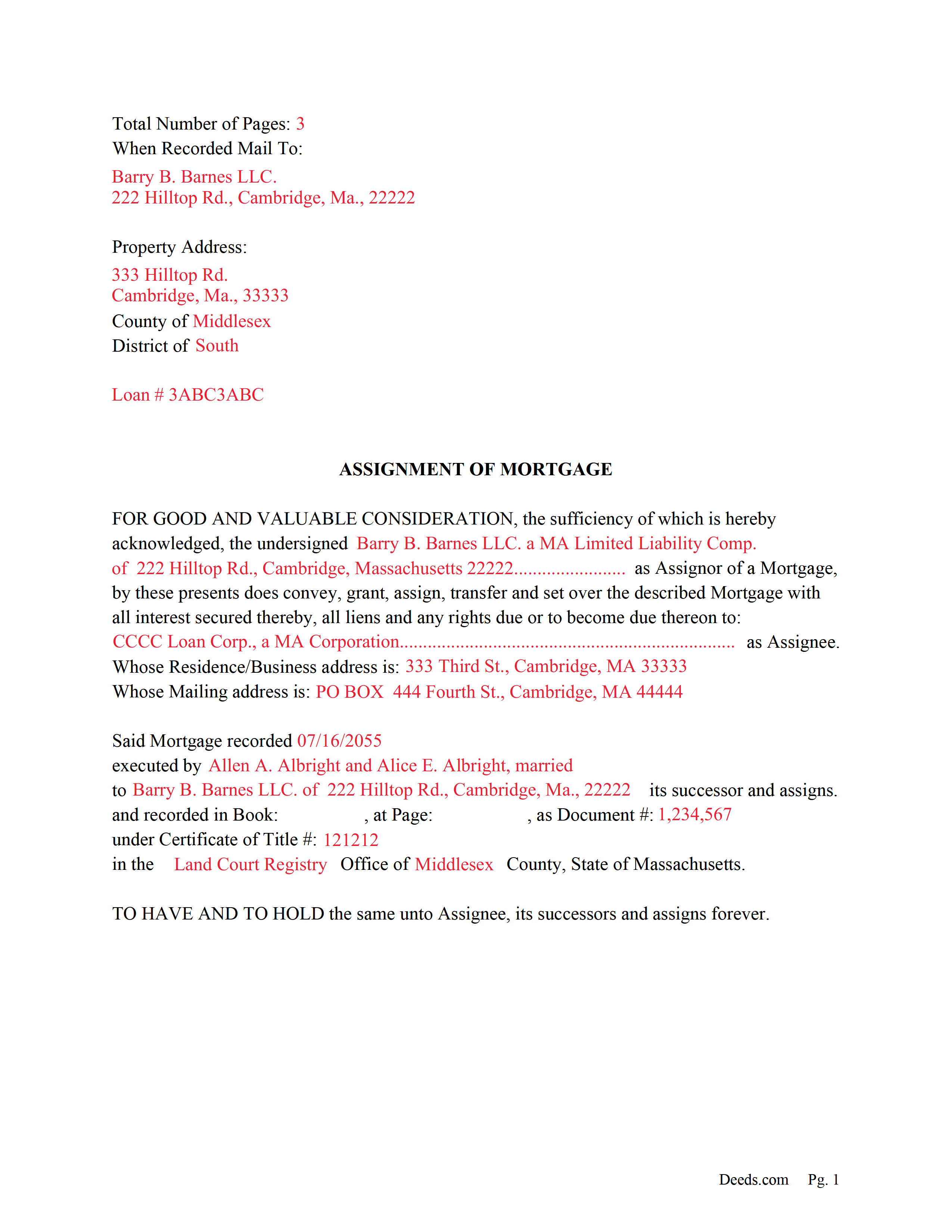 Completed Example of the Assignment of Mortgage Document