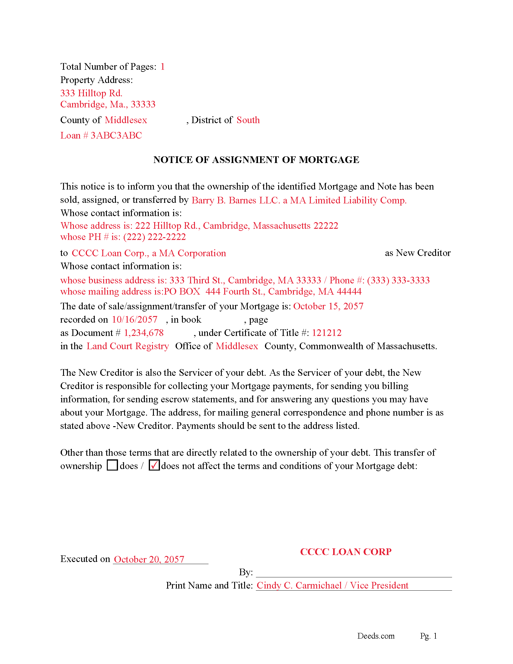 Completed Example of the Notice of Assignment Document